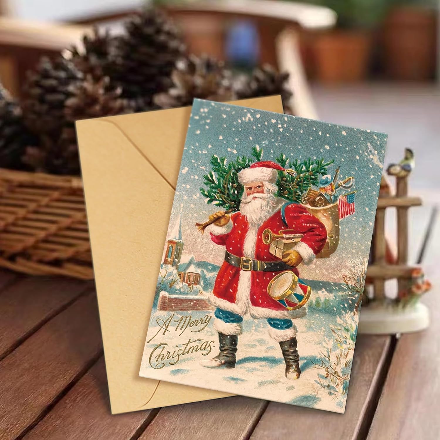 Juego de 24 tarjetas de Navidad vintage de Papá Noel con sobres y calcomanías de sellado, paquete de tarjetas retro de Feliz Navidad (24 diseños, 1