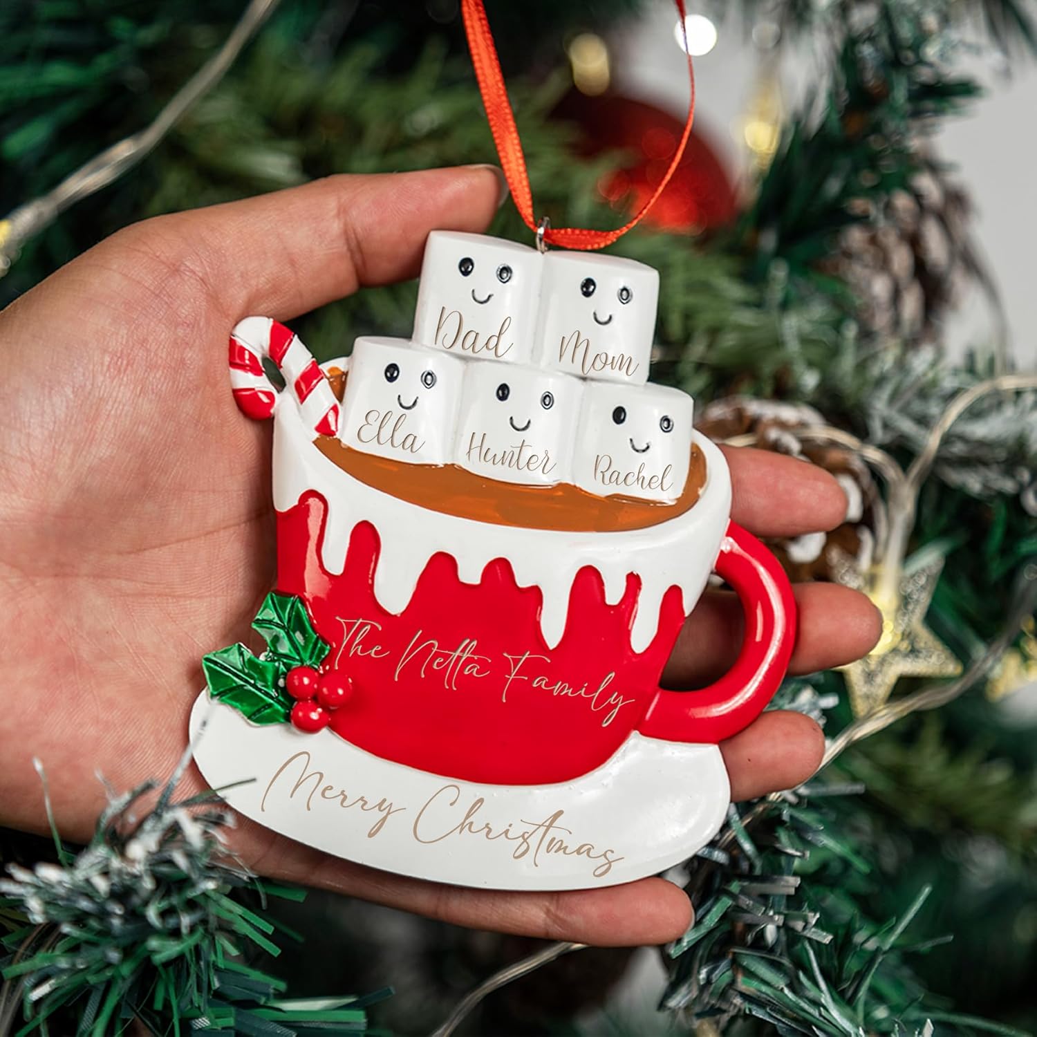 Adornos de Navidad personalizados para la familia 2023 con nombre grabado, taza de resina, decoración de árbol de Navidad, regalos para niños,