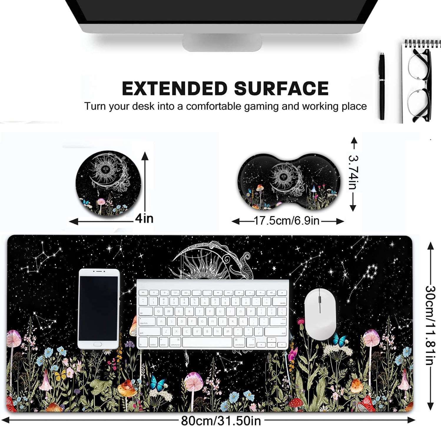 Alfombrilla de escritorio, alfombrilla grande extendida para mouse con bordes cosidos (31.5 x 11.8 pulgadas), reposamuñecas ergonómico para mouse,