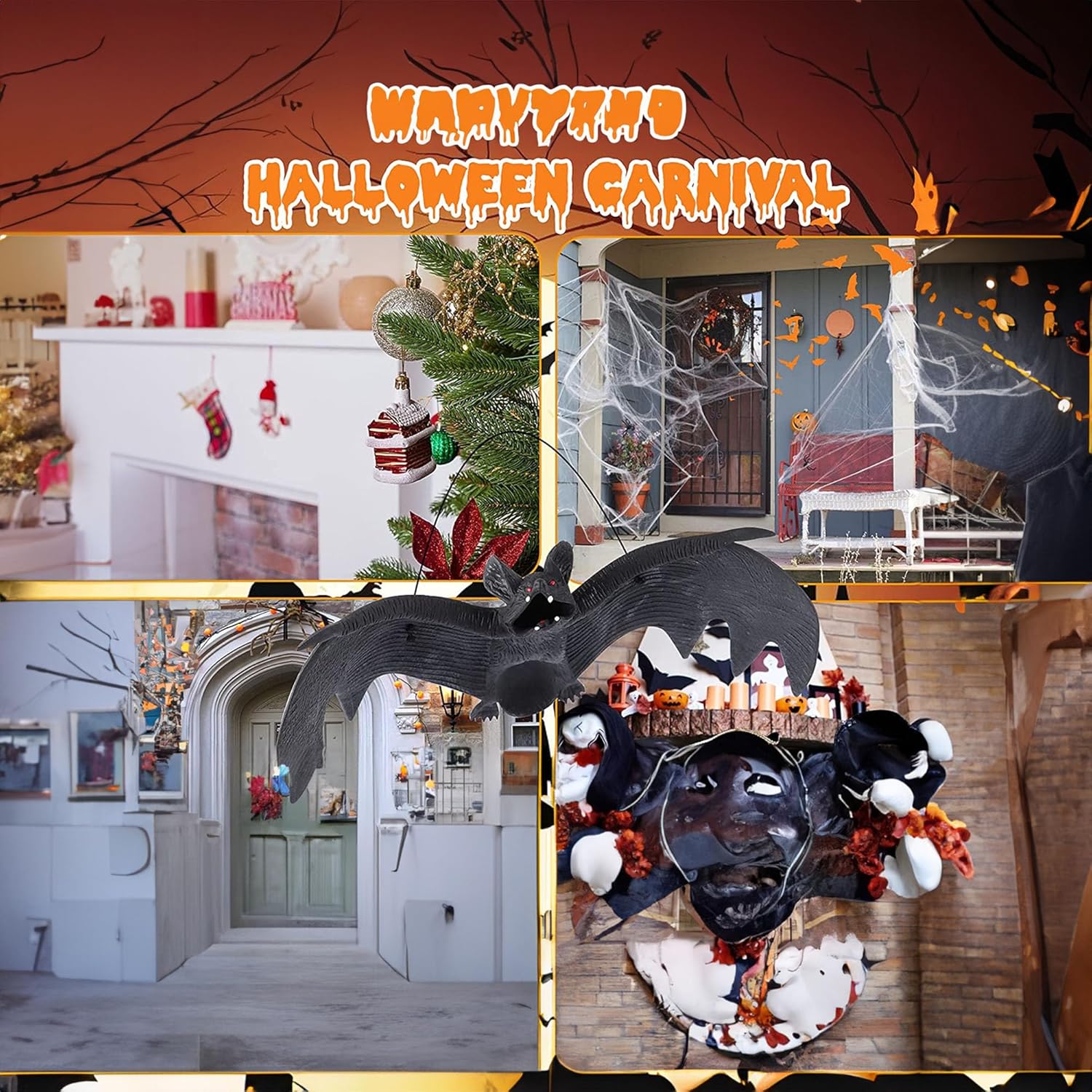 Decoraciones de murciélagos colgantes de Halloween, 5 piezas de murciélagos de goma voladores espeluznantes para exteriores e interiores,