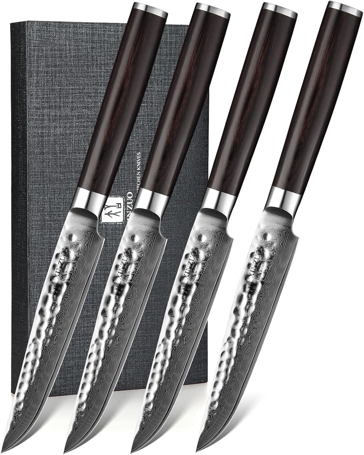 XINZUO Juego de cuchillos para carne de 5 pulgadas, 4,67 capas forjados de damasco con caja de regalo, ultra afilados, mango de madera de Pakka