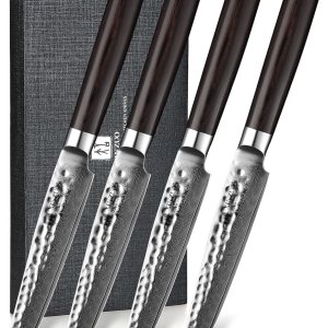 XINZUO Juego de cuchillos para carne de 5 pulgadas, 4,67 capas forjados de damasco con caja de regalo, ultra afilados, mango de madera de Pakka XINZUO Juego de cuchillos para carne de 5 pulgadas, 4,67 capas forjados de damasco con caja de regalo, ultra afilados, mango de madera de Pakka