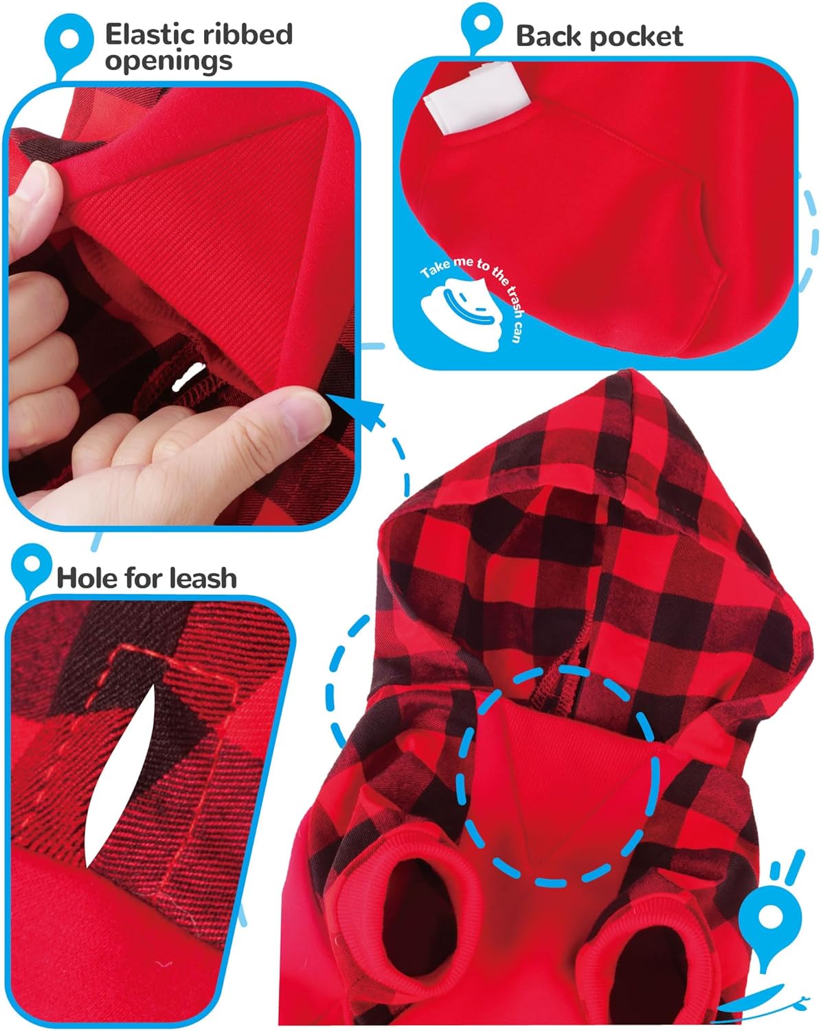 Sudadera con capucha para perro pequeño, 100 % algodón, ropa de perro a cuadros de búfalo para perro, hembra, niño, bulldog francés, ropa de
