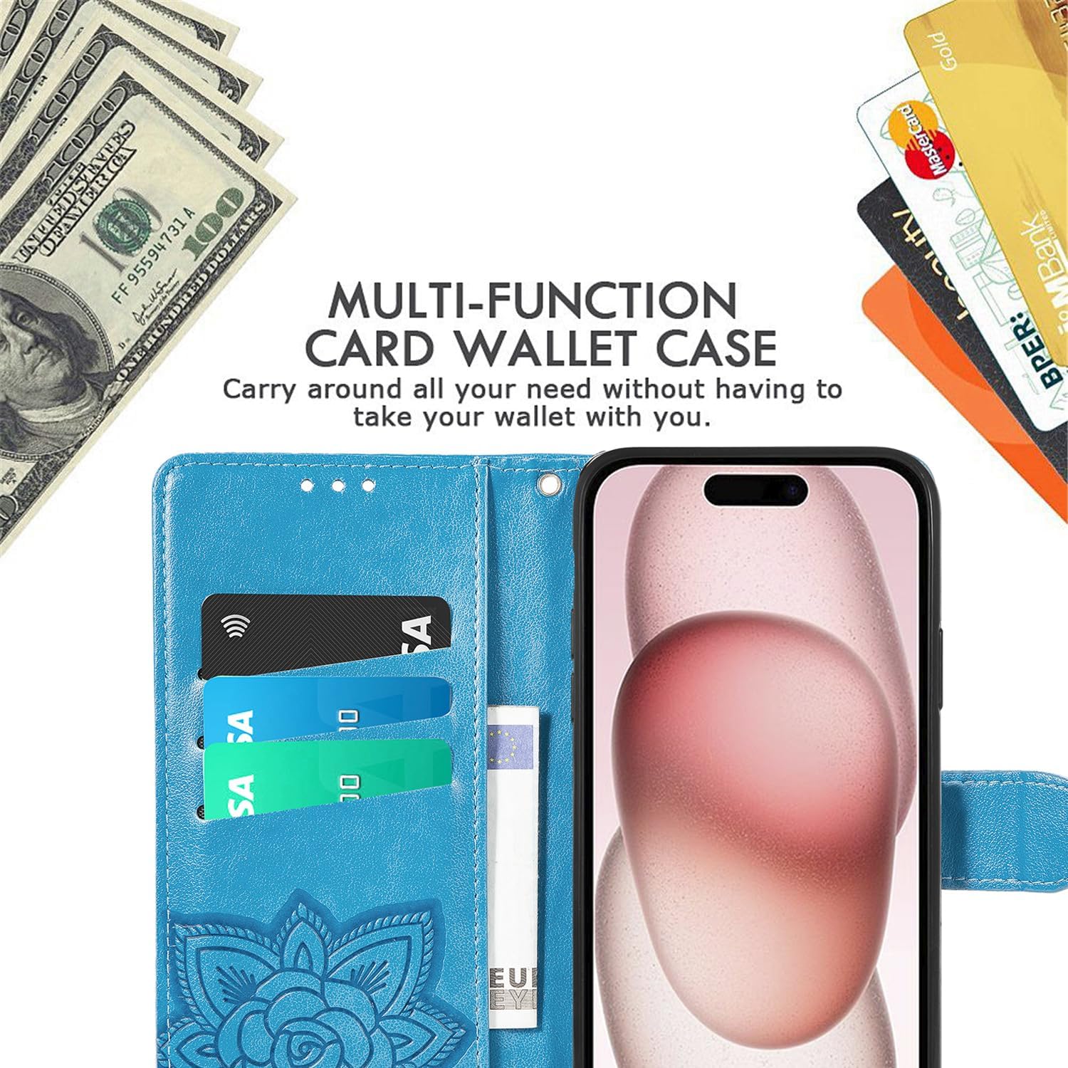 Funda tipo cartera para iPhone 15 Plus, con estampado de mariposas y flores en relieve, piel de primera calidad, con ranuras para tarjetas, funda