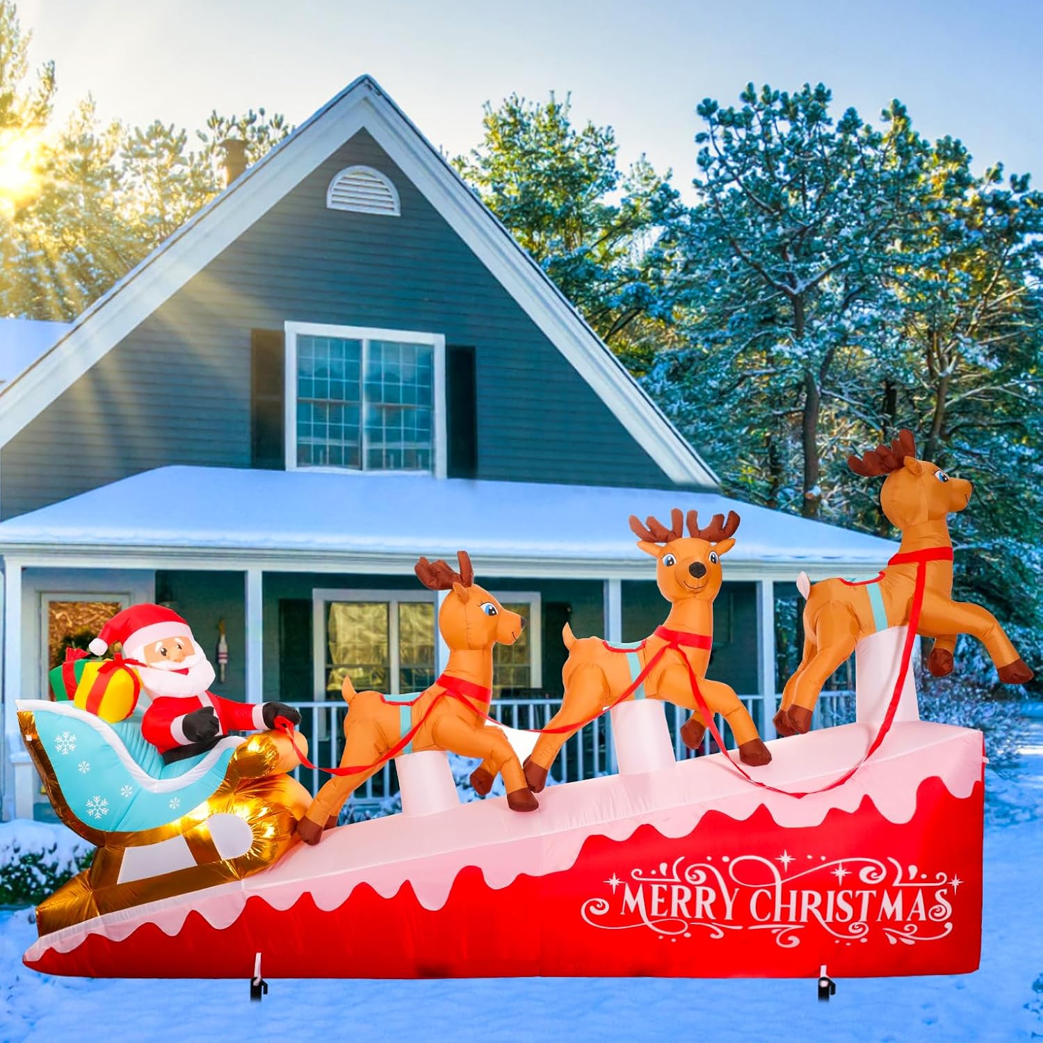 Inflables grandes de Navidad de 13.5 pies para patio al aire libre, Papá Noel inflable en trineo con 3 renos, decoración inflable iluminada para