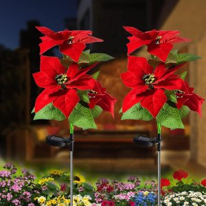 BYLOZA 2 luces solares de jardín, flores de pascua solares para paisaje, impermeables, flores de Pascua artificiales con luz para camino, jardín, BYLOZA 2 luces solares de jardín, flores de pascua solares para paisaje, impermeables, flores de Pascua artificiales con luz para camino, jardín,