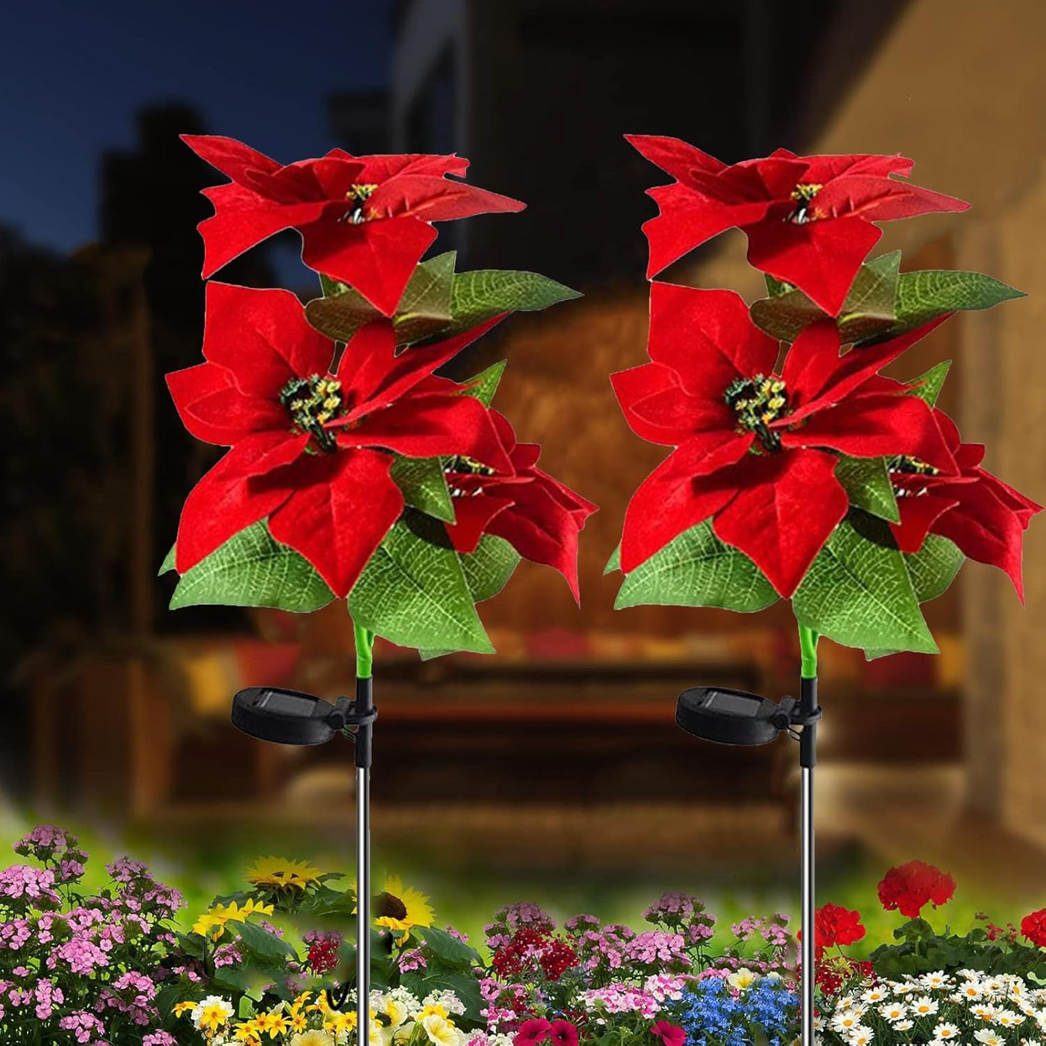 BYLOZA 2 luces solares de jardín, flores de pascua solares para paisaje, impermeables, flores de Pascua artificiales con luz para camino, jardín,