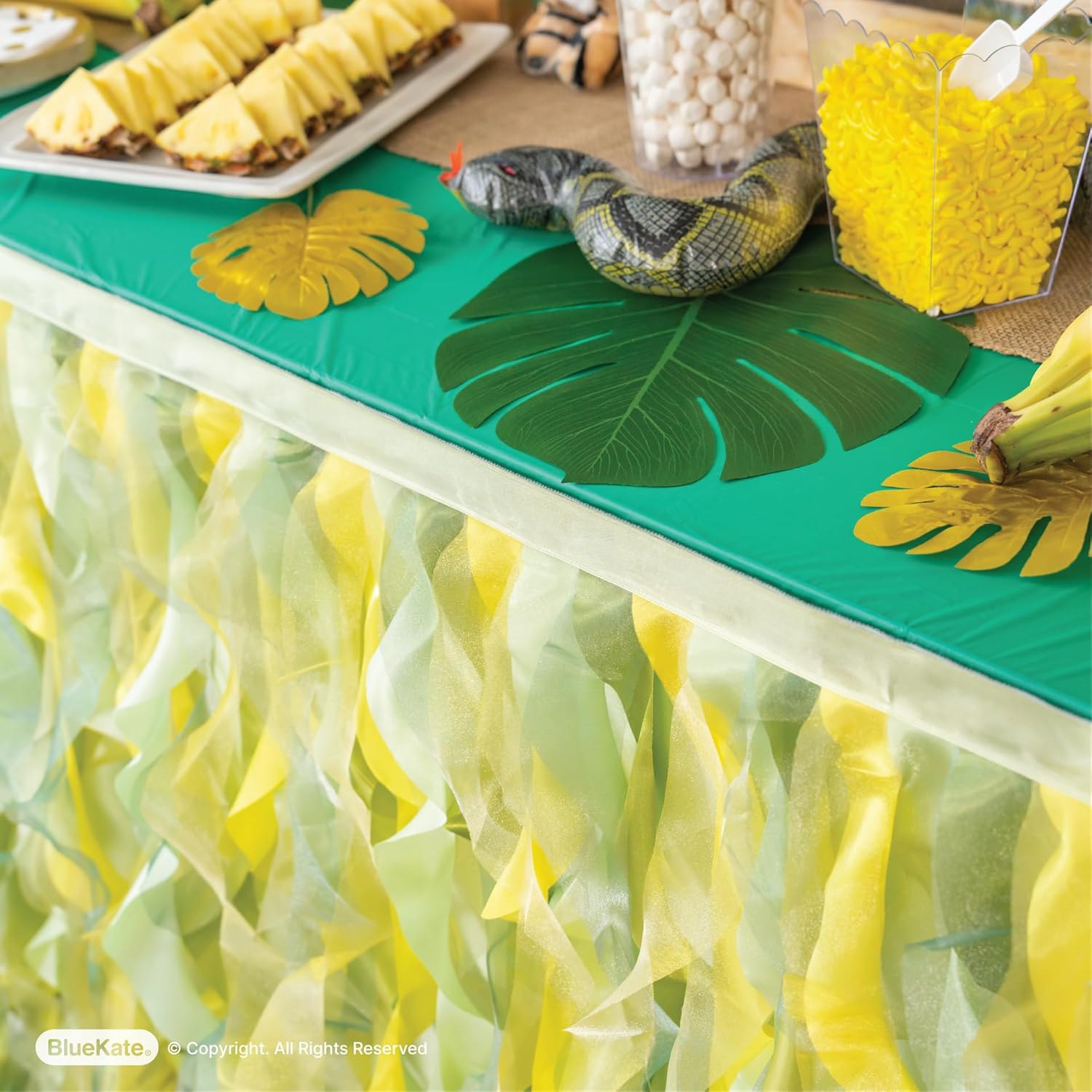 BLUEKATE Falda de mesa verde limón. Falda de mesa de 6 pies con organza de doble capa. Decoraciones temáticas de selva, cumpleaños, decoraciones de