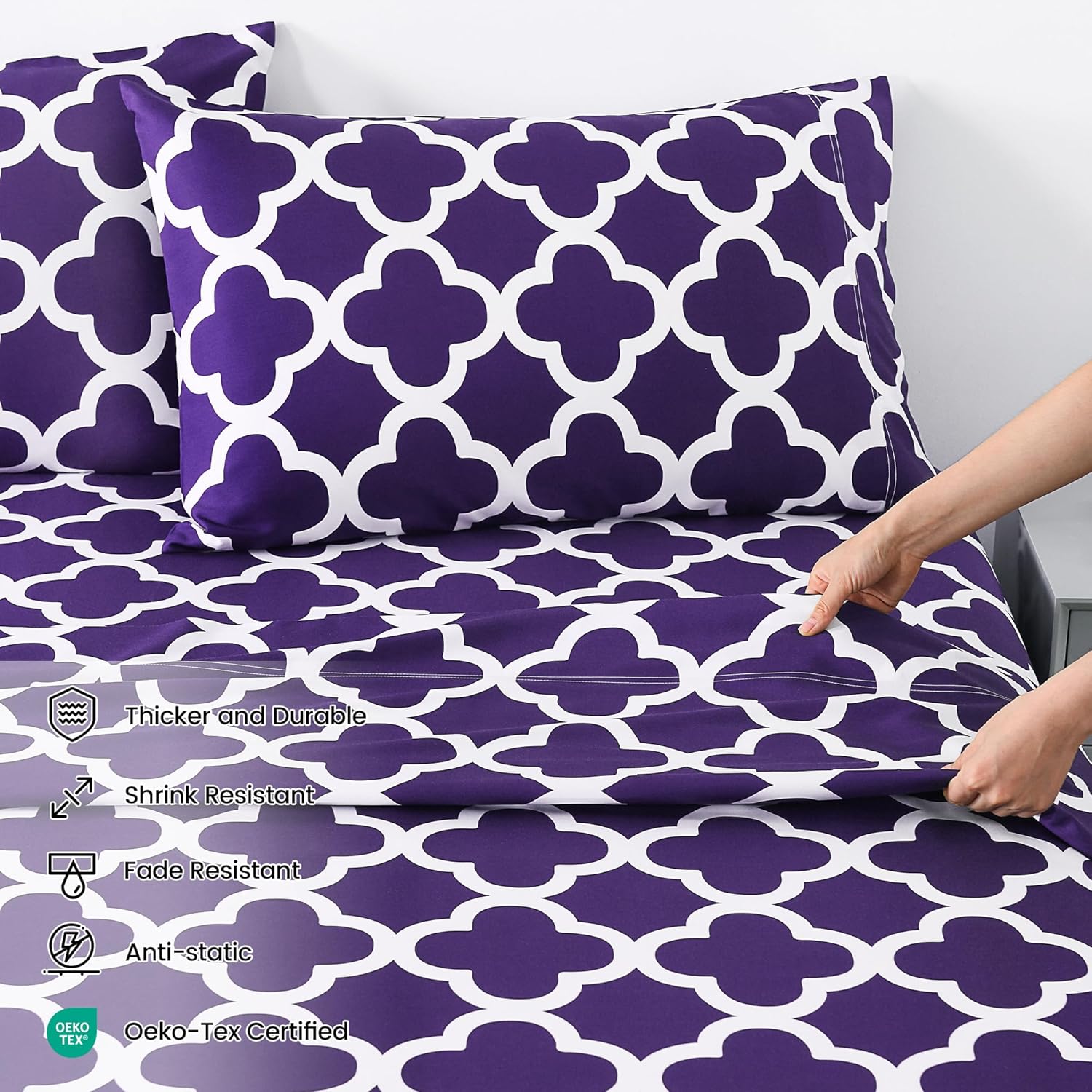 Cooling Sheets Queen Size, 100% Viscose Derived from Bamboo, 16″ Deep Pocket Queen Sheets, Silky Soft Breathable and Durable Purple Printed Sheets,