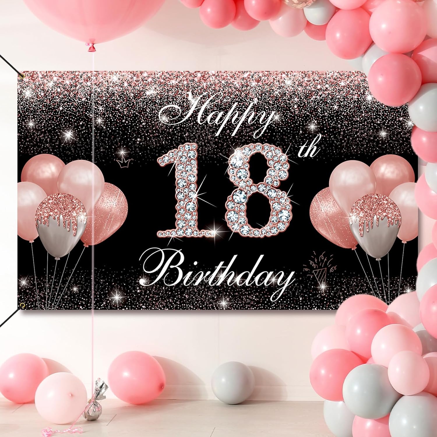 Decoraciones de cumpleaños de 18 años para niñas, pancarta de fondo de feliz cumpleaños 18, color oro rosa, cartel de fiesta de cumpleaños de 18