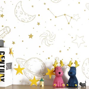 Papel tapiz de estrellas para despegar y pegar, papel tapiz dorado y blanco, con patrón de luna, autoadhesivo, impermeable, papel de contacto, lindo Papel tapiz de estrellas para despegar y pegar, papel tapiz dorado y blanco, con patrón de luna, autoadhesivo, impermeable, papel de contacto, lindo