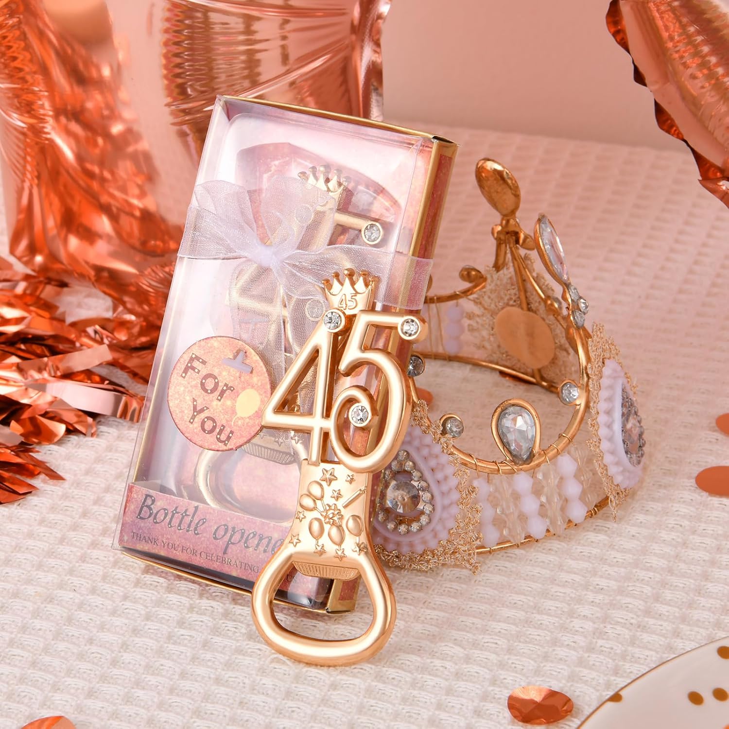 24 boxes of rose gold themed 45th birthday bottle openers, suitable for 45th anniversary wedding party gifts, 45th birthday party souvenirs or party