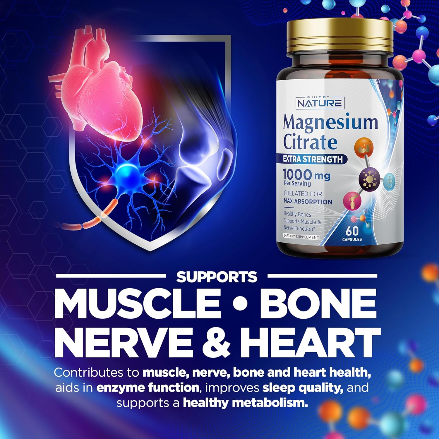 Citrato de magnesio 1000 mg  Máxima absorción y complejo de magnesio de alta potencia Suplemento para corazón, músculo, nervio, salud ósea y alivio