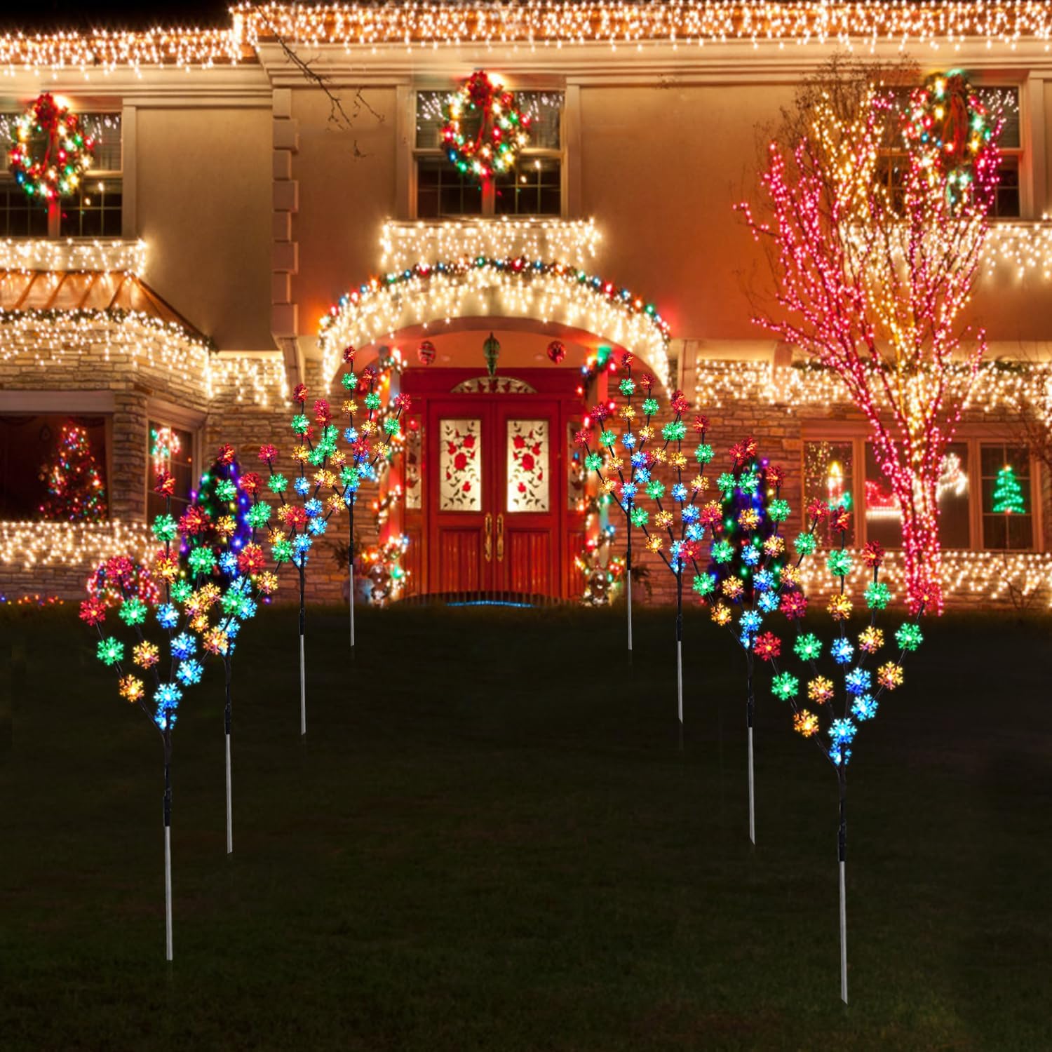 Aovciust Decoraciones de Navidad al aire libre, 4 juegos de luces solares para árbol de Navidad con 80 luces C6 multicolor de copo de nieve,