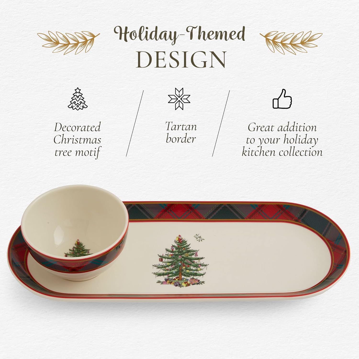 Spode Colección de árbol de Navidad  Tartán de 2 piezas para astillas y salsas, mide 13 pulgadas, hecho de loza fina, para salsas y aperitivos, apto