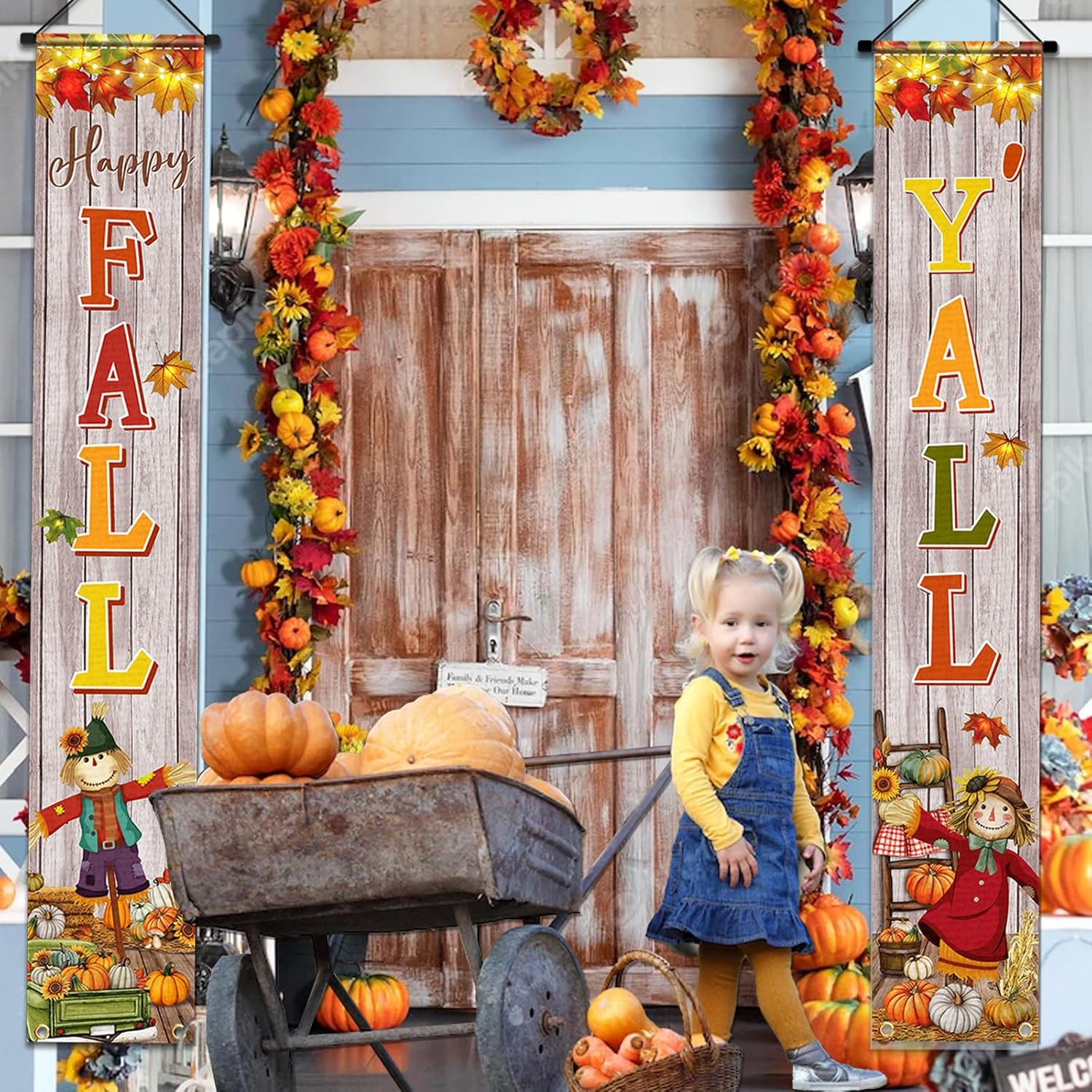 Cartel colgante de Acción de Gracias para el porche con texto en inglés “Happy Fall Y’all”, decoración de fiesta, espantapájaros, calabaza, cosecha
