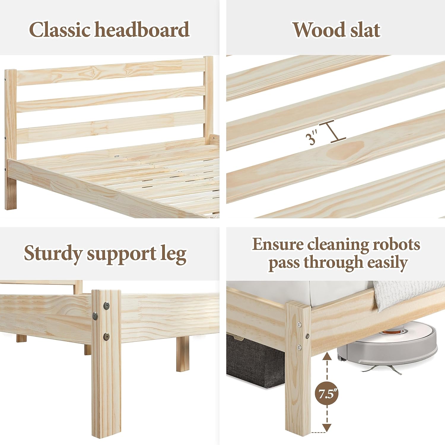 Yaheetech Base de cama individual con plataforma de madera de pino macizo con cabecero con paneles, estilo Wicklow, soporte de listones de madera,