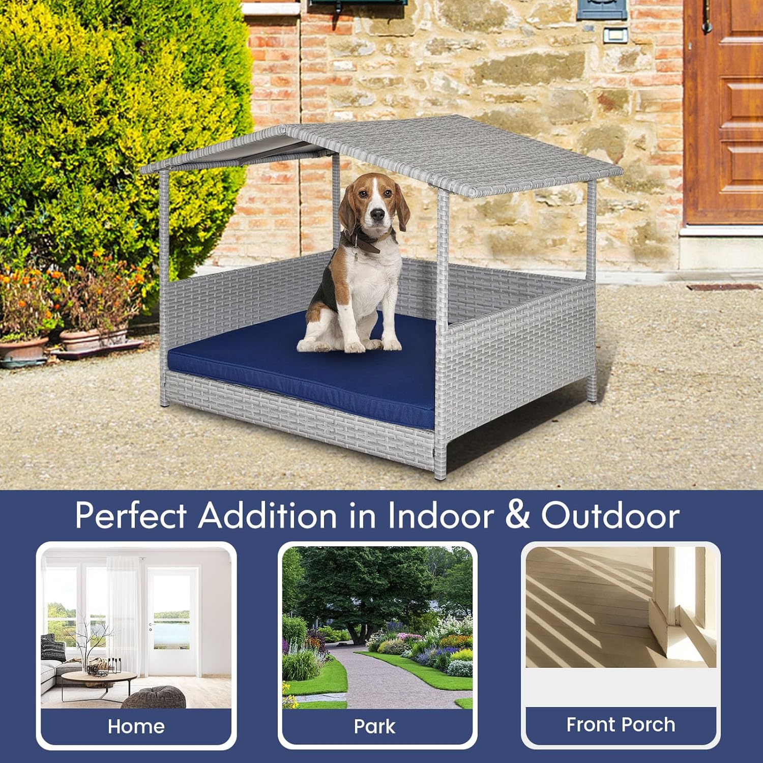 Tangkula Casa de mimbre para perros, cama elevada de ratán para interiores y exteriores con cojín extraíble, funda lavable, techo impermeable,