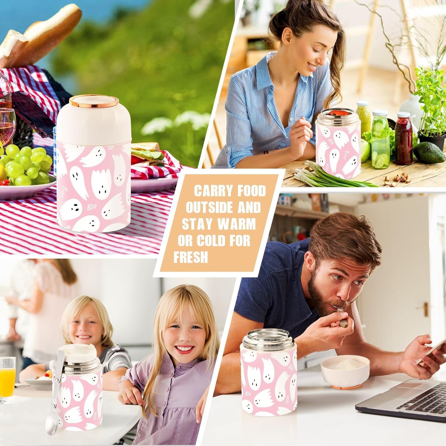 Tarro de comida sellado con cuchara plegable, lonchera de acero inoxidable aislado al vacío para alimentos calientes y fríos, fantasma rosa, boca