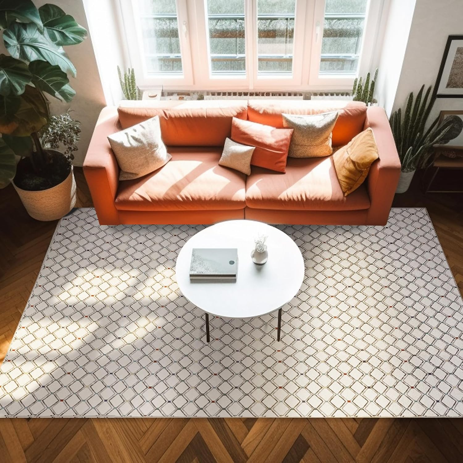 Matace Alfombra bohemia lavable, antideslizante, delgada, de felpilla, ligera, para sala de estar, dormitorio, baño, cocina (5 x 8 pies, crema)