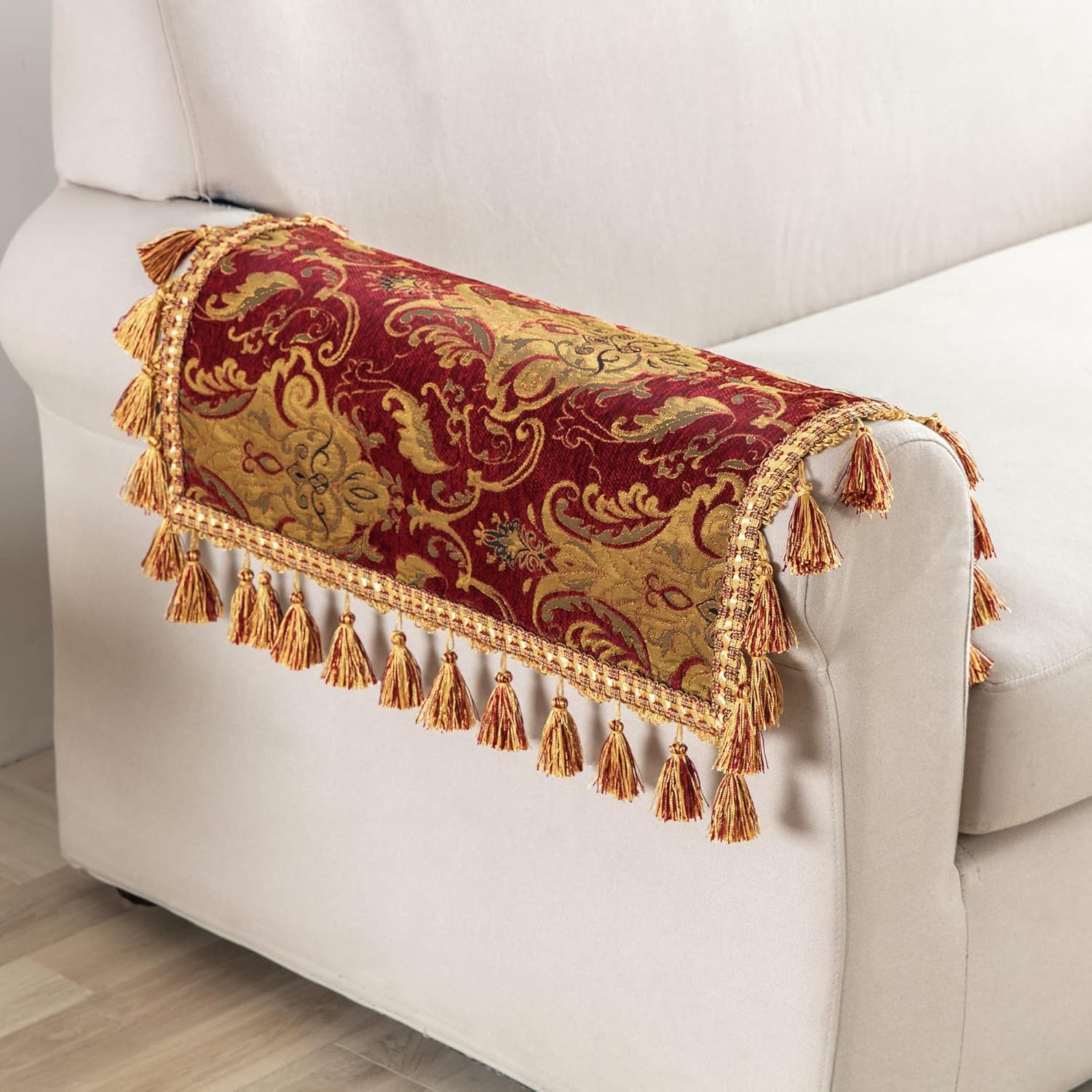 Loom and Mill Juego de 2 fundas de lujo para reposabrazos de sofá, funda clásica de damasco grueso de felpilla antideslizante, protector de muebles