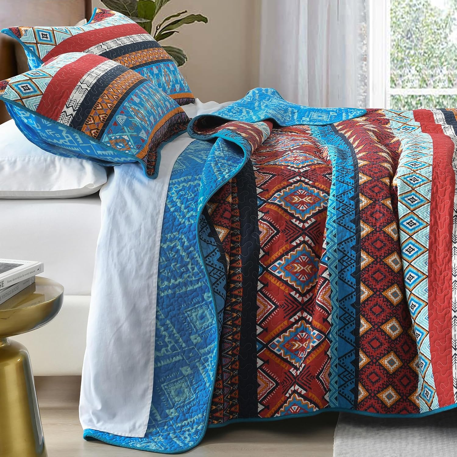 Juego de edredón Queen (90 x 98 pulgadas), edredón bohemio 100% algodón con 2 fundas de almohada, juego de ropa de cama ligero y suave para todas