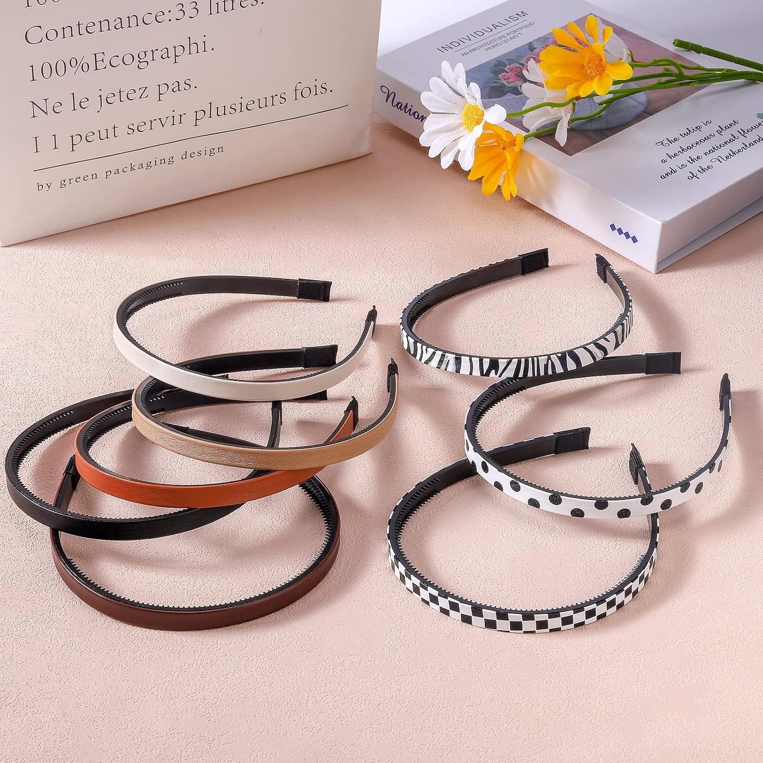 Santoddle Diademas de cuero para mujer, 8 diademas delgadas de piel sintética para niñas, aro fino neutro, bandas antideslizantes de 0.4 pulgadas