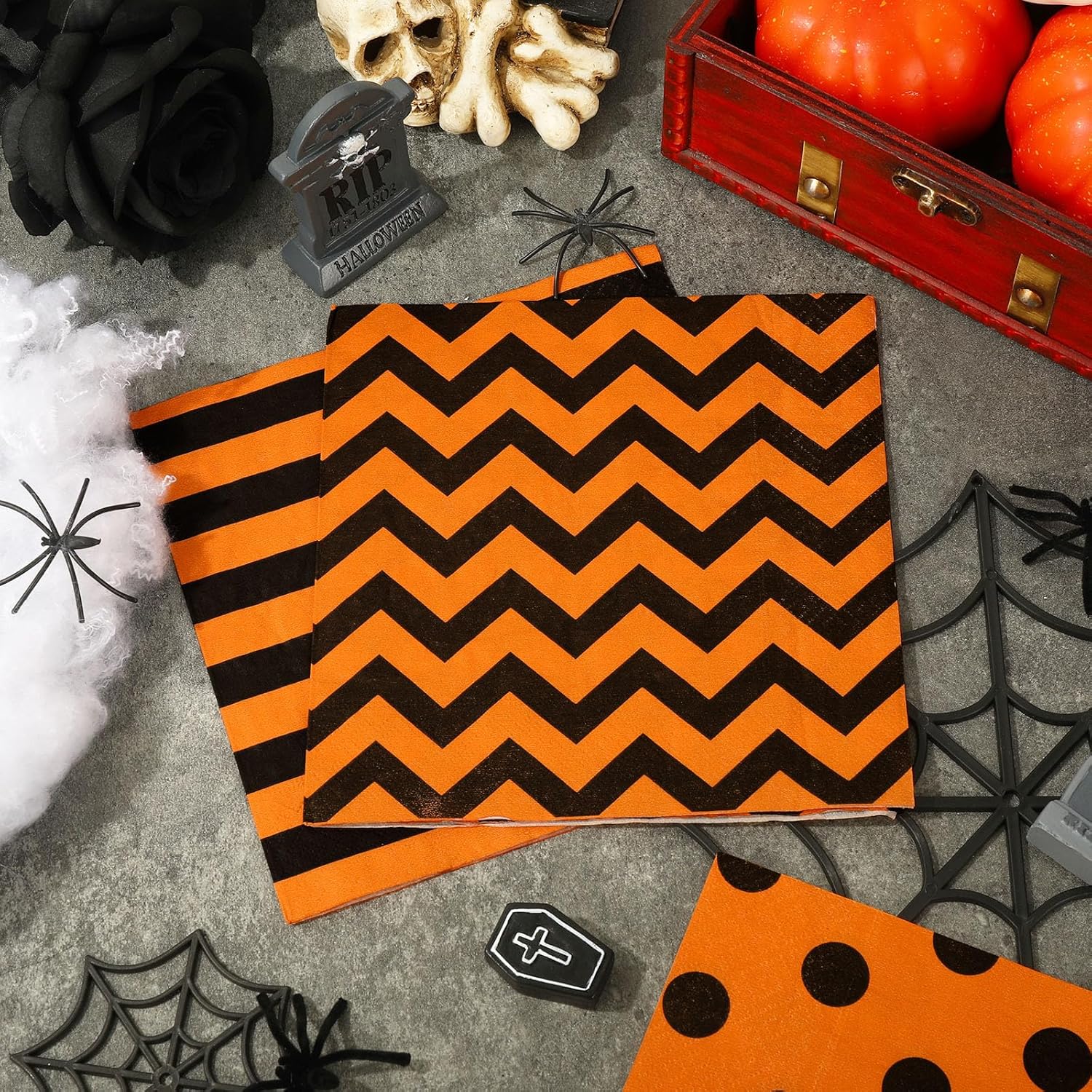 Whaline Servilletas de papel de Halloween de 6.5 pulgadas, color naranja y negro, con rayas, lunares, servilletas de almuerzo geométricas