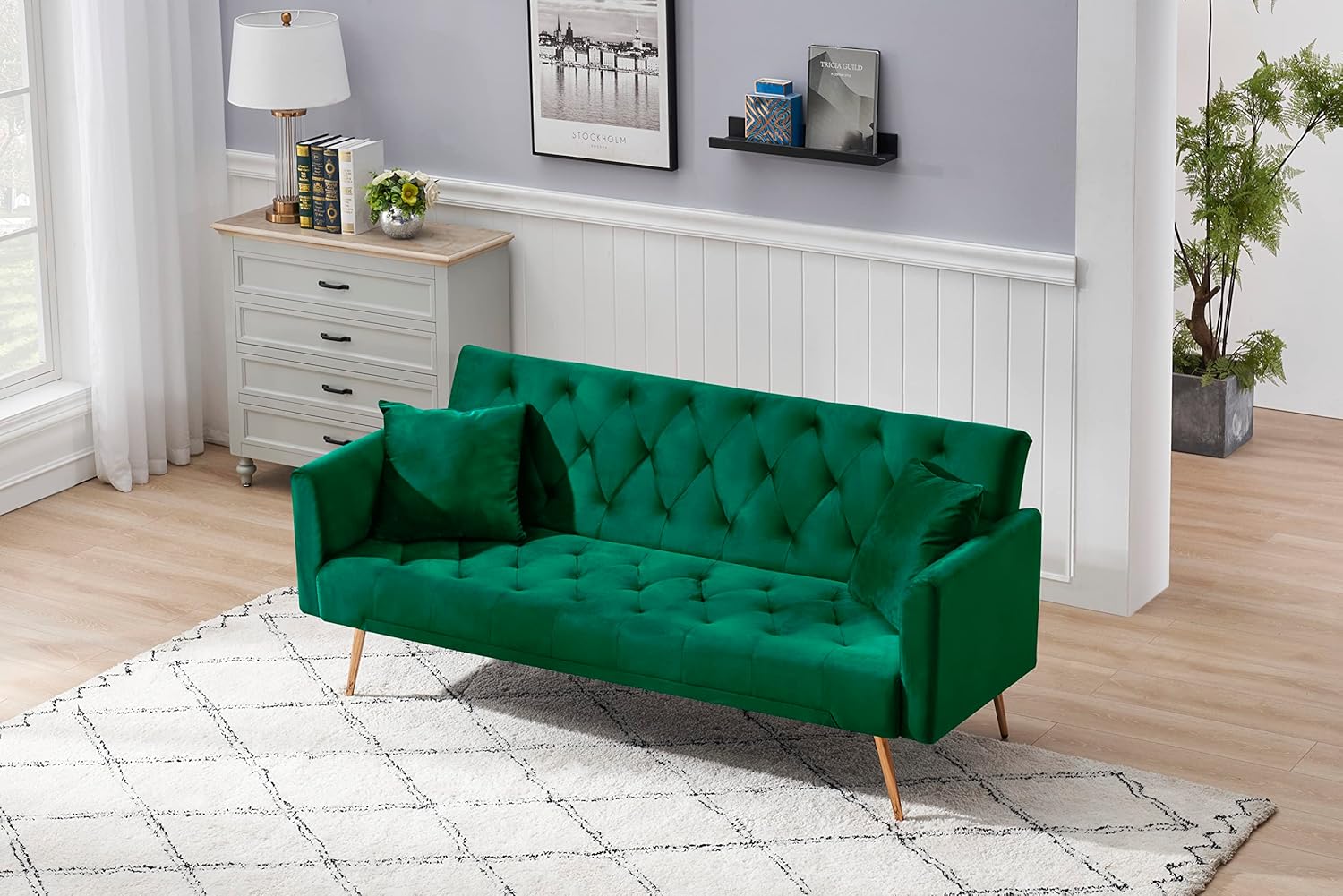 Comfy – Futón tapizado de terciopelo plegable para dormir, sofá biplaza convertible con 2 almohadas, sofá copetudo de 71 pulgadas y sofás con patas
