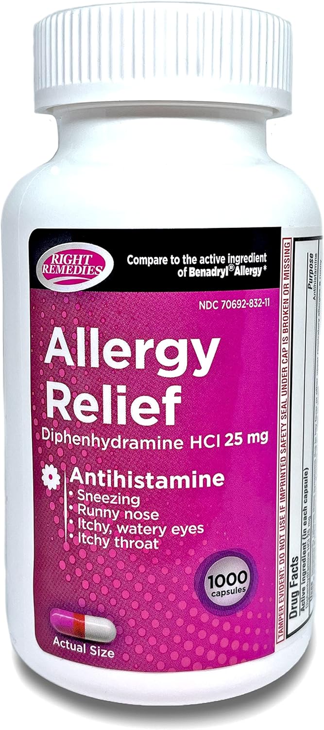 RIGHT REMEDIES Alivio de la alergia, antihistamínico, difenhidramina HCL 25 mg, cápsulas genéricas de benadryl, alivia las alergias estacionales en