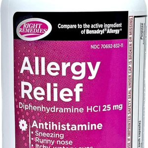 RIGHT REMEDIES Alivio de la alergia, antihistamínico, difenhidramina HCL 25 mg, cápsulas genéricas de benadryl, alivia las alergias estacionales en RIGHT REMEDIES Alivio de la alergia, antihistamínico, difenhidramina HCL 25 mg, cápsulas genéricas de benadryl, alivia las alergias estacionales en