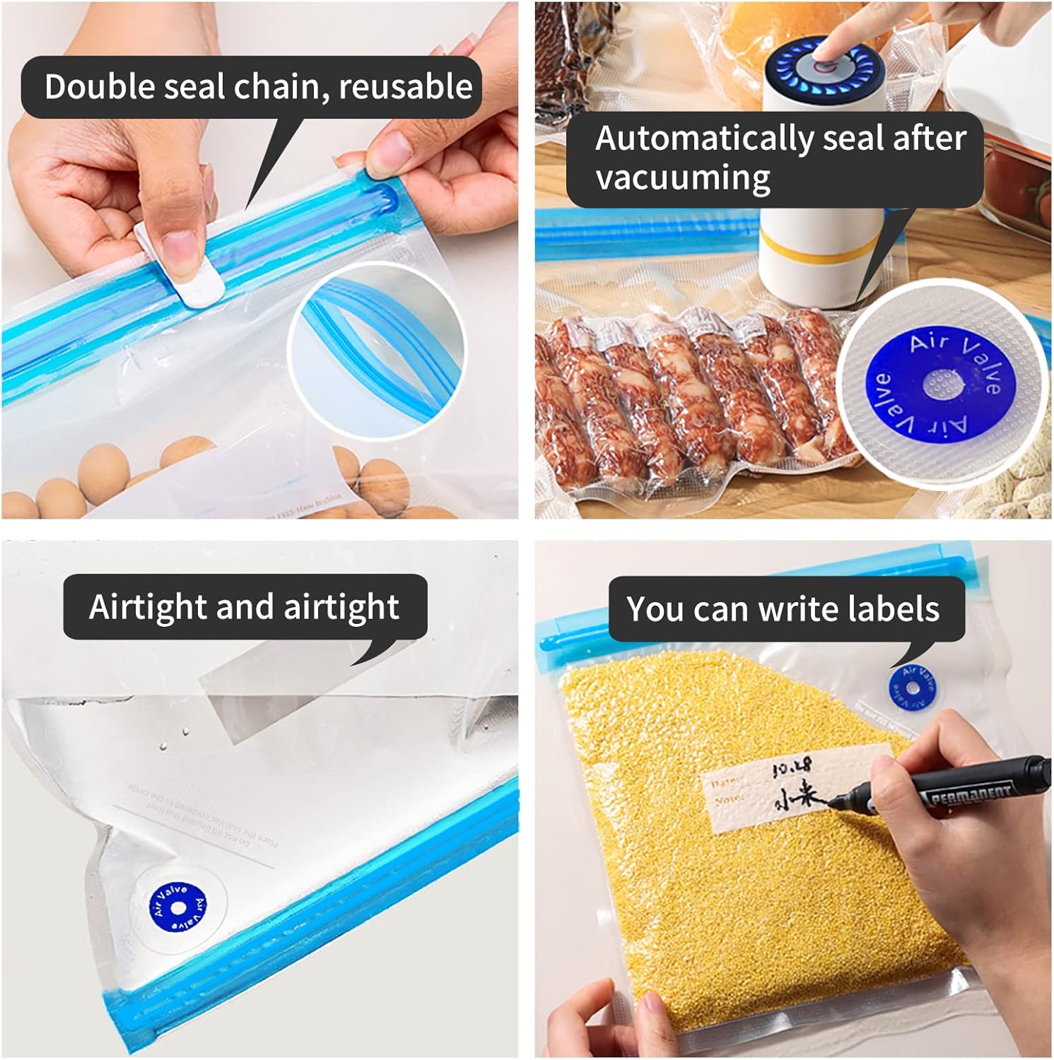 Bolsas reutilizables para Sous Vide, 20 bolsas selladoras al vacío de 8.5 x 8 pulgadas con cremallera para alimentos, sin BPA, reutilizables,