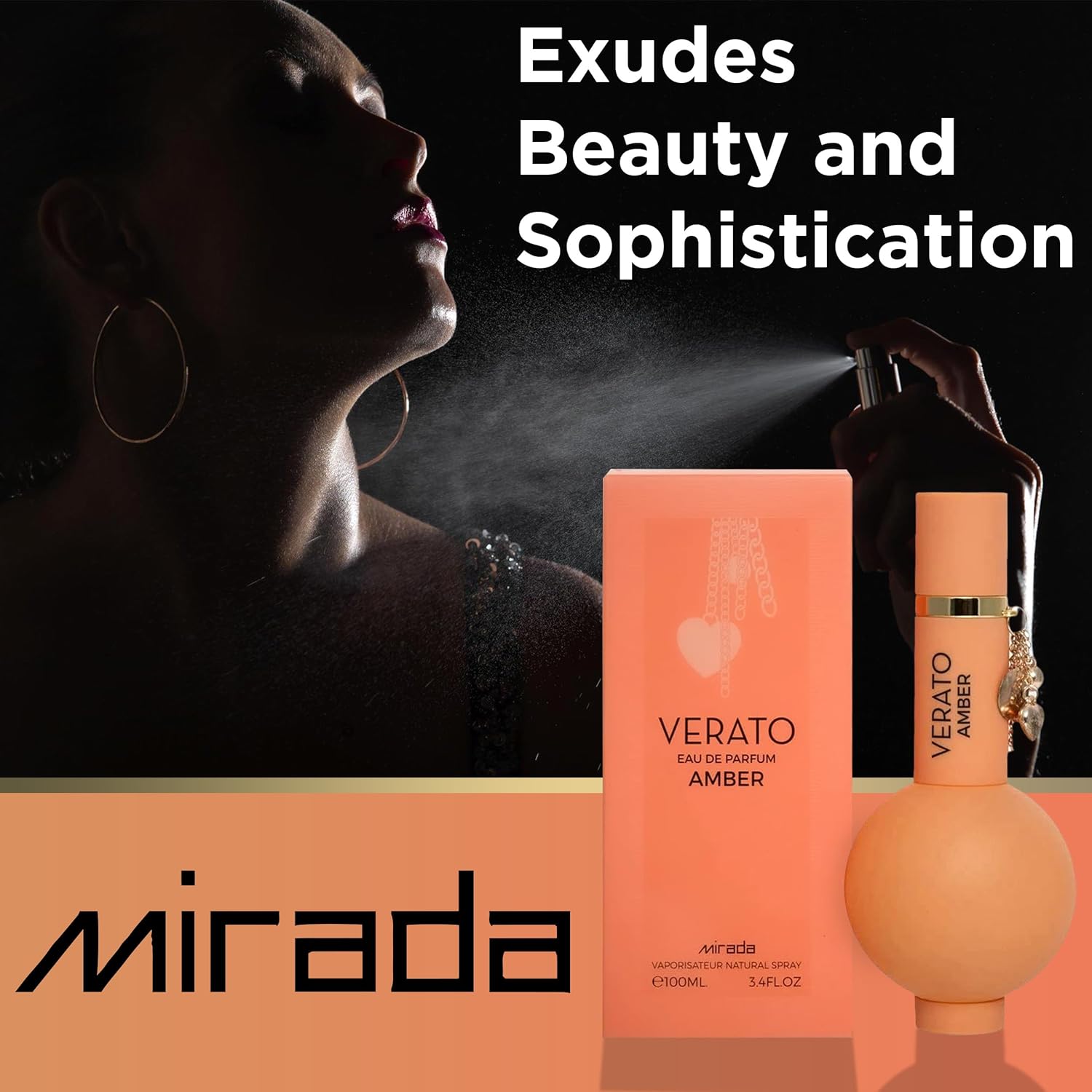 MIRADA Verato Amber, Eau de Parfum para mujer (EDP) 3.4 FL. Oz (3.4 fl oz), Perfume de mujer con notas de ylang-ylang, flores blancas, frangipani,