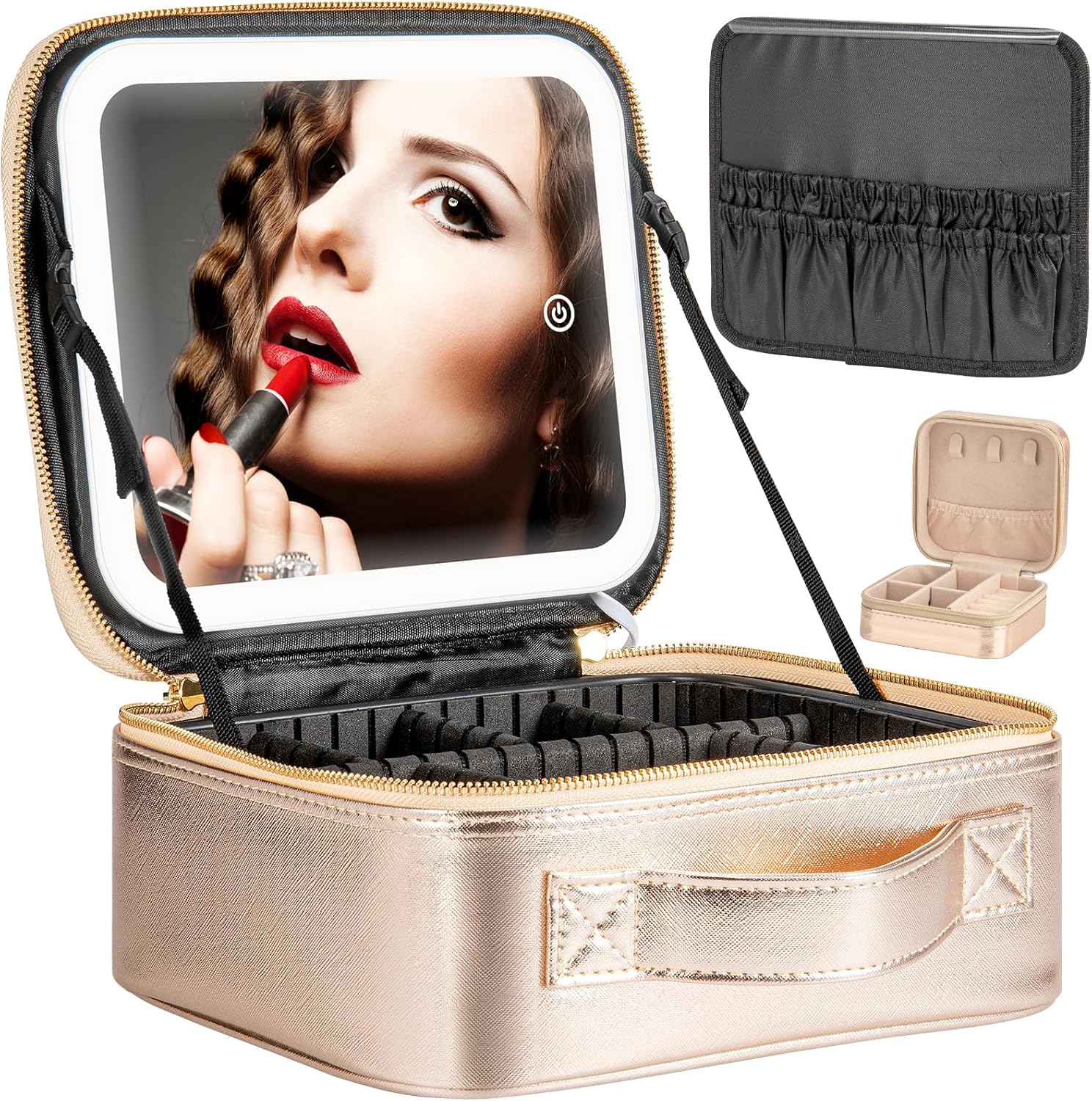 Bolsa de viaje de maquillaje con espejo iluminado LED, brillo ajustable, estuche de maquillaje portátil impermeable con divisores ajustables,