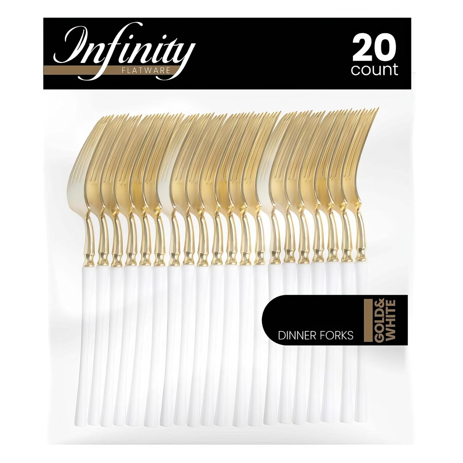 Blue Sky Infinity Flatware – Tenedores de cena dorados y blancos, 20 unidades, cubiertos de plástico desechables elegantes para eventos y fiestas