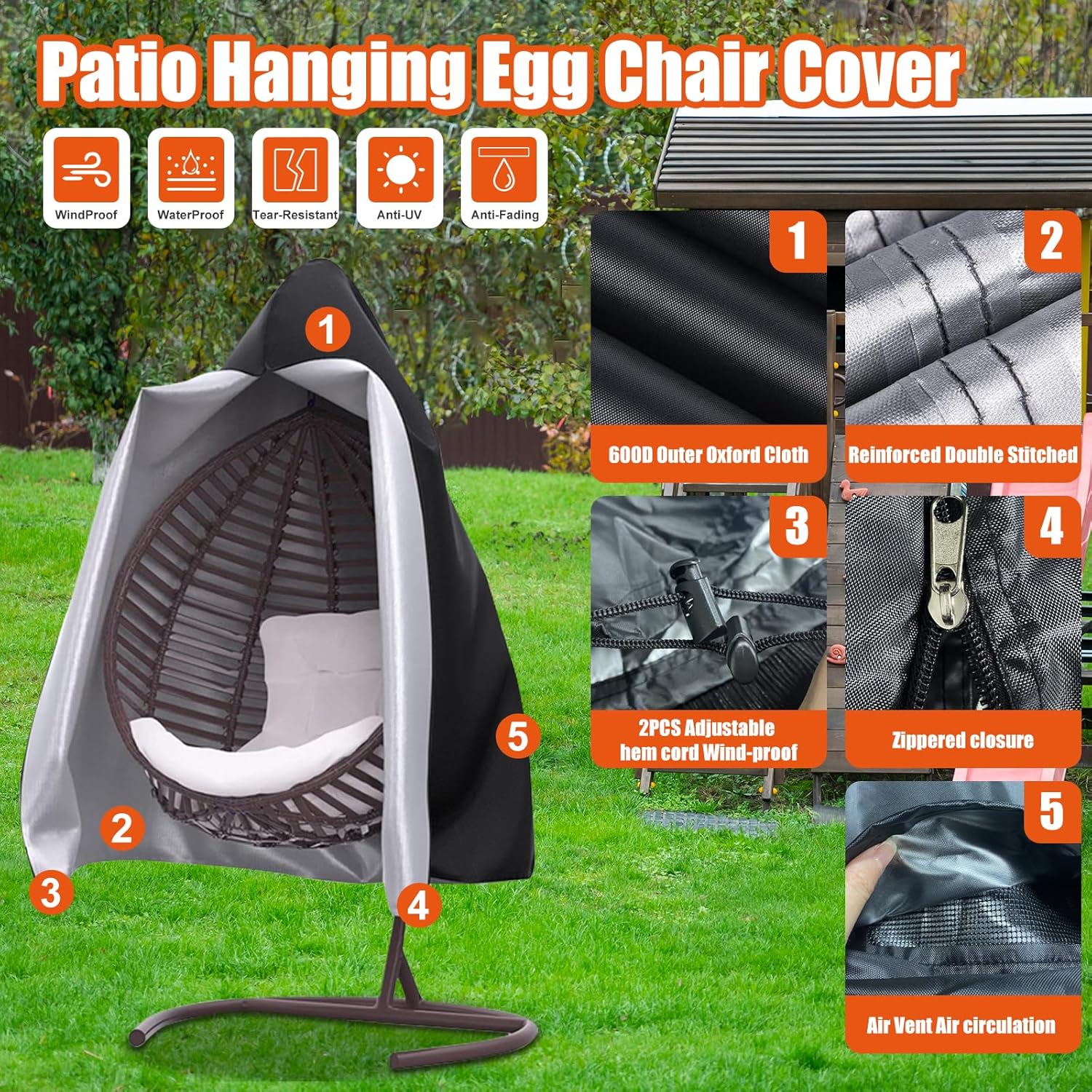 Funda para silla de huevo colgante de patio, 70 pulgadas de alto x 66 pulgadas de profundidad, impermeable, resistente a la intemperie, muebles de