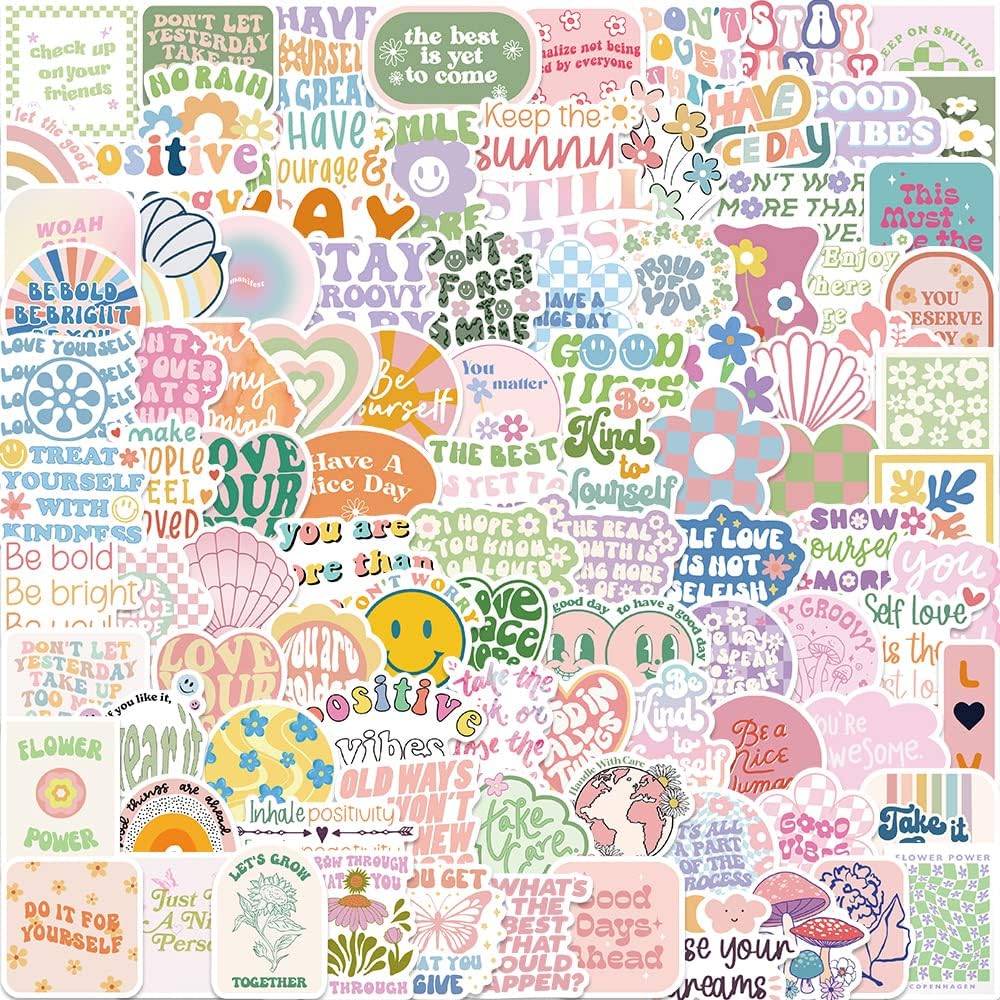 100 calcomanías estéticas pastel, calcomanías danesas de preppy, calcomanías inspiradoras rosas, calcomanías motivacionales impermeables de vinilo