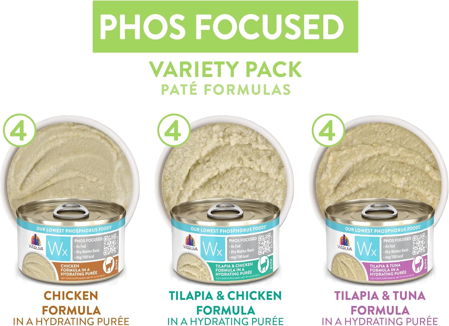 Weruva Wx Phos Focused, paquete variado de fórmulas de paté, lata de 3 onzas (paquete de 12)