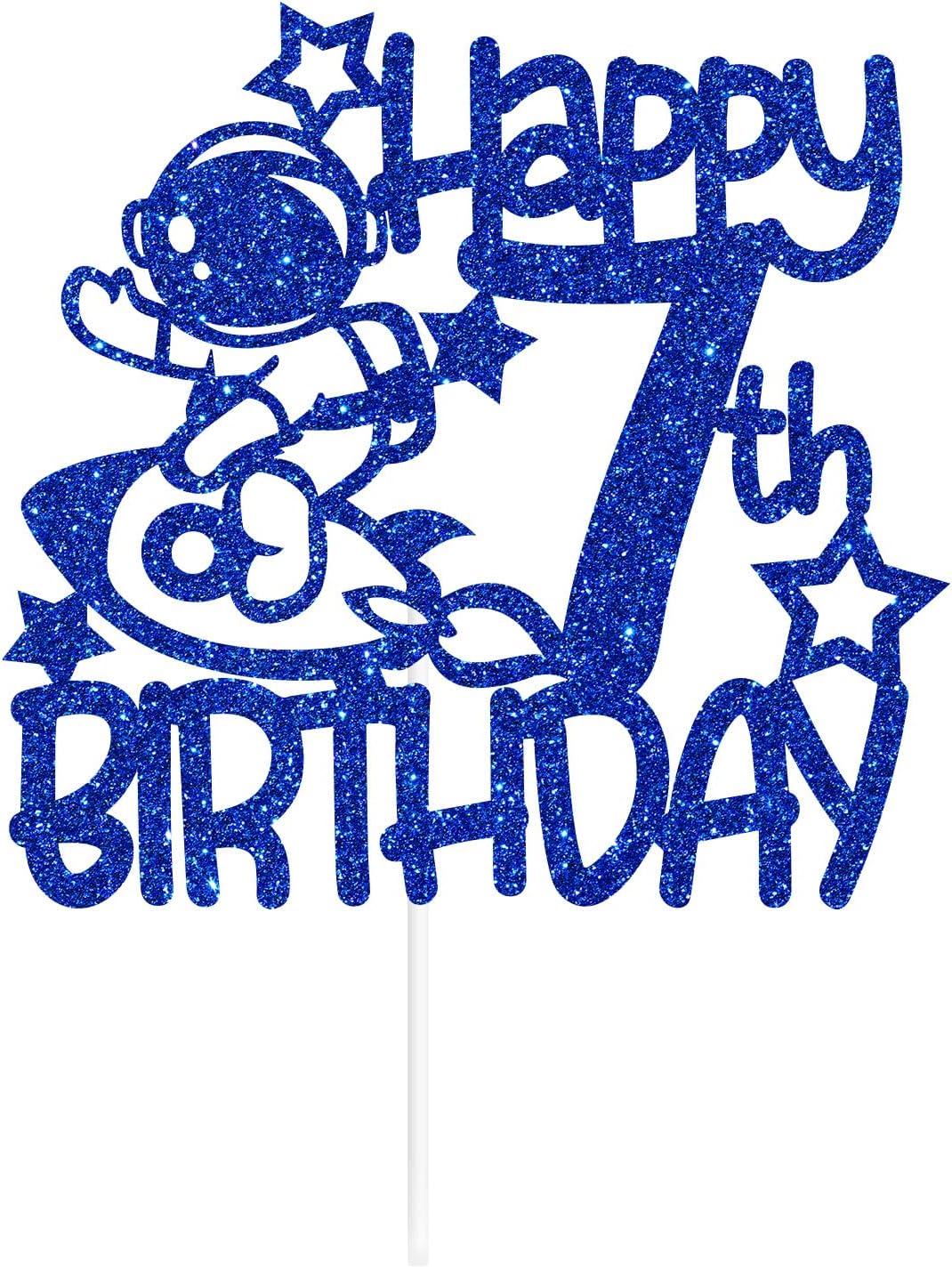 Space Happy 7th Birthday – Decoración para tartas de 7 años, decoración de fiesta de cumpleaños temática de astronautas para niños y niñas