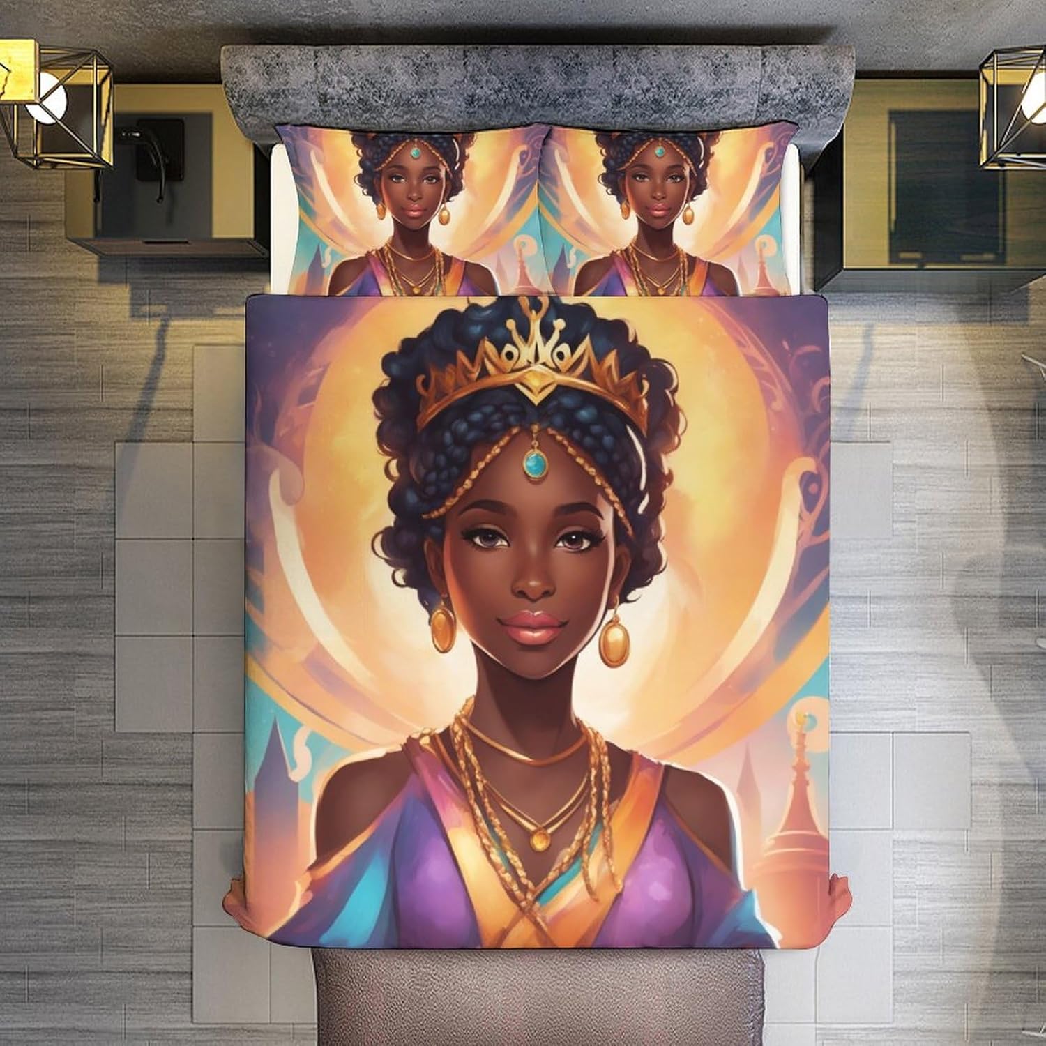Juego de colcha de color negro afro con corona, tamaño Queen, 3 piezas, suave colcha afroamericana para todas las estaciones, 1 funda de edredón y 2