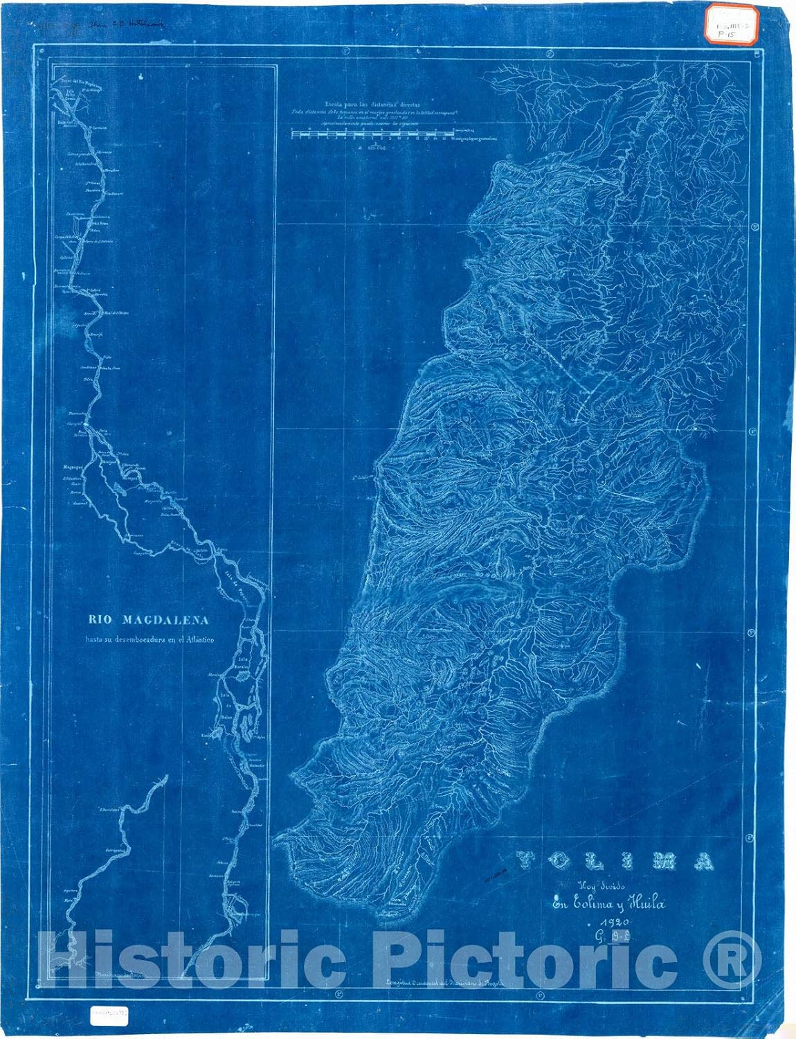 Mapa histórico pictórico Tolima (Colombia) 1920, Tolima hoy divido en Tolima y Huila, Reproducción Vintage Antigua 24.0 x 29.9in.