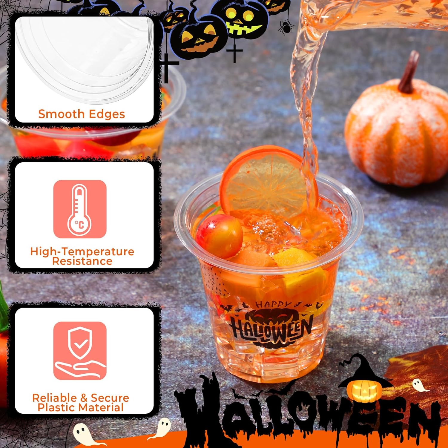 Sliner 60 vasos de plástico desechables transparentes de 12 onzas para Halloween, murciélagos, fantasmas, arañas, suministros de fiesta de Halloween
