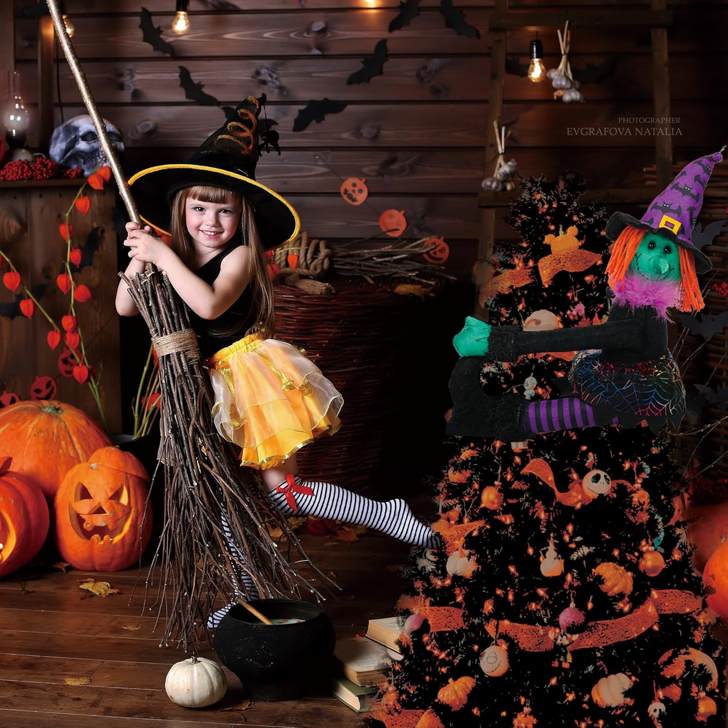 Decoración para árbol de bruja de Halloween, decoración aterradora de Halloween para árbol de Navidad, corbata de cortina de Halloween y botella de