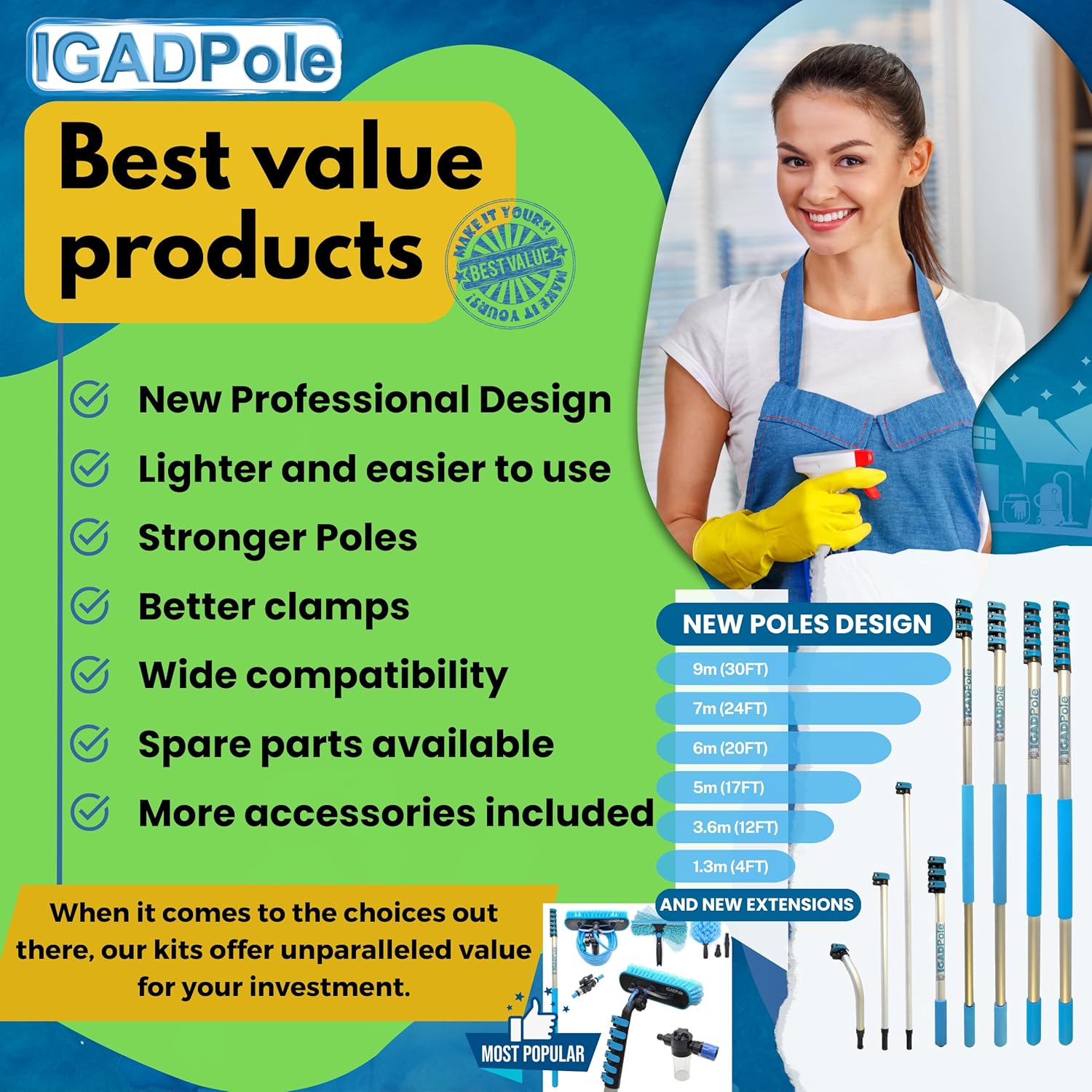 Escobilla de mango largo IGADPole de 20 pies kit profesional de limpieza de ventanas con poste de extensión de aluminio de 24 pies, adecuado para