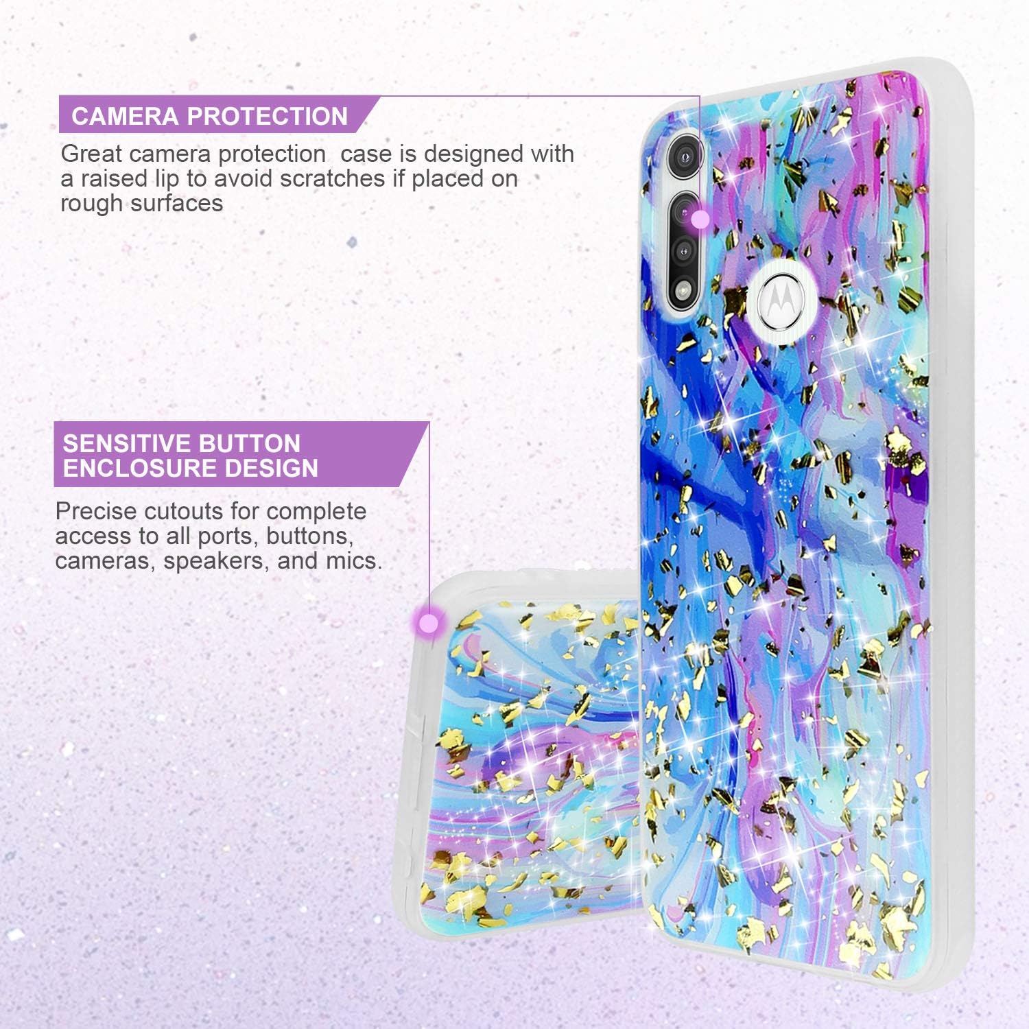 TJS Funda compatible con Motorola Moto G Pure 2021, Moto G Power 2022, con protector de pantalla de vidrio templado, brillante escamas con purpurina