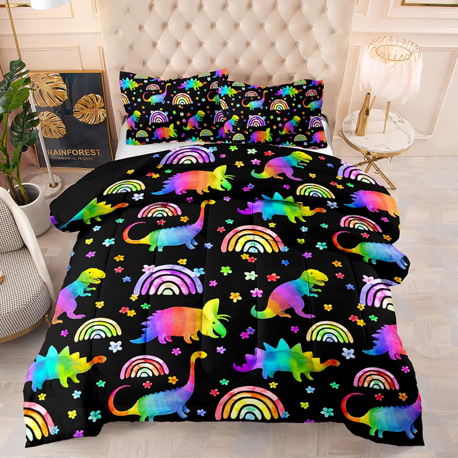 BSNTHO Juego de edredón de dinosaurio arcoíris, juego de ropa de cama de dinosaurio colorido para niños y niñas, edredón de dinosaurio de dibujos