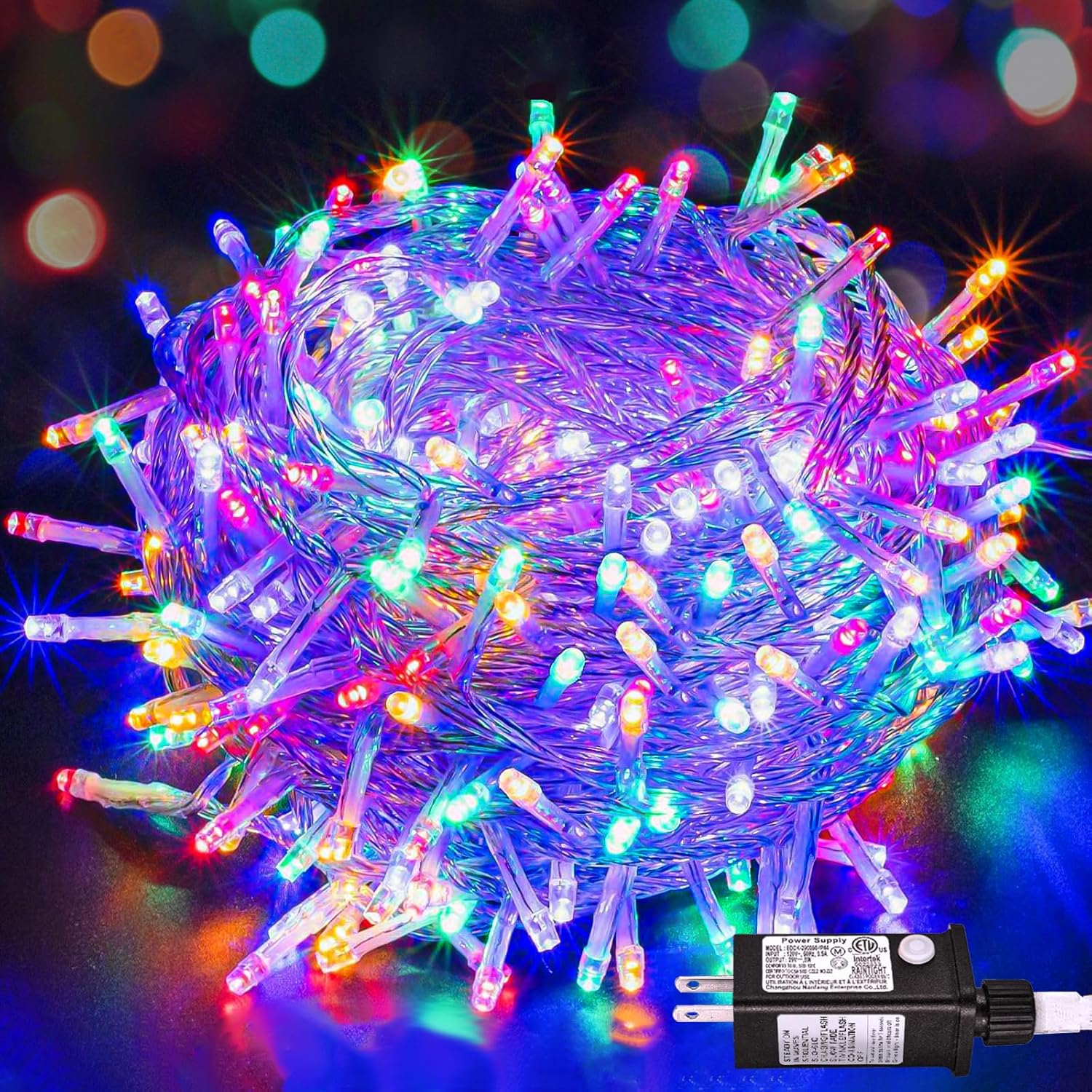 100 luces LED de Navidad de 33 pies para exteriores, 8 modos, tira de luces de Navidad con cable transparente con memoria de tiempo, tira de luces