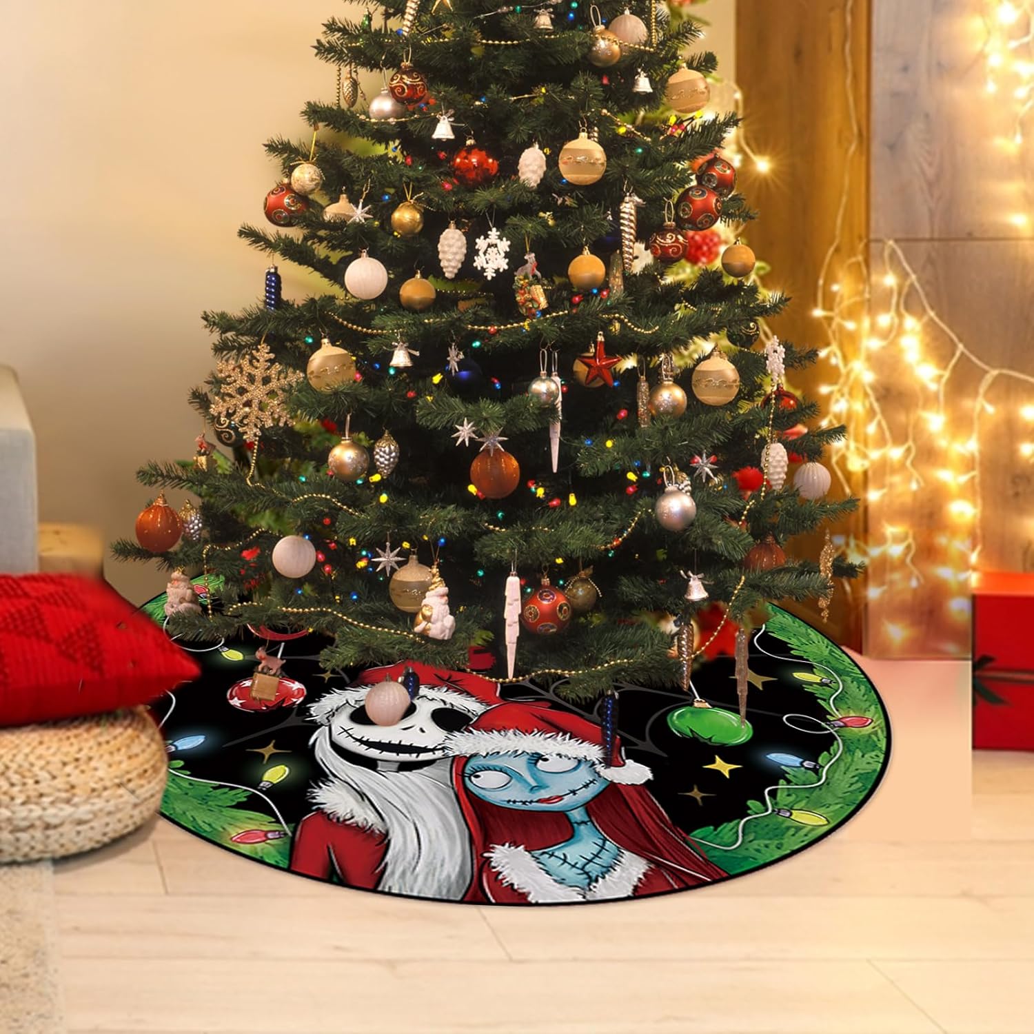 Fzbali Feliz Noche de Navidad. Mare Be Fore. Falda de árbol de Navidad de 60 pulgadas con cordones Jack Skellington y Sally Falda de árbol