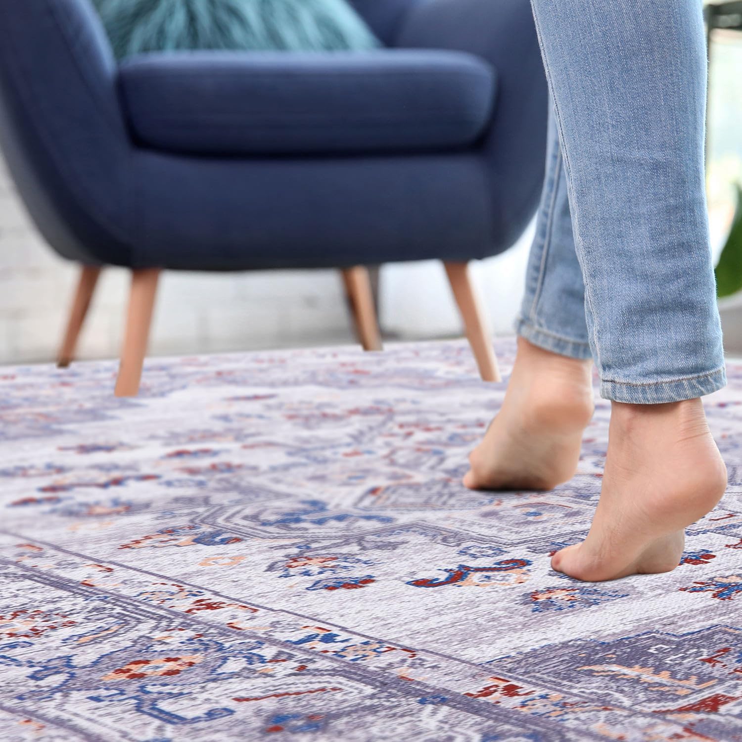 CAMILSON Alfombra lavable a máquina con parte trasera antideslizante para sala de estar o dormitorio, alfombra vintage lavable de 8 x 10 pulgadas,