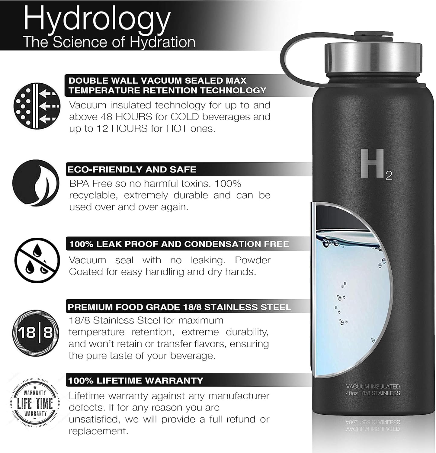 Hydrology Adventure Edition – Botella para agua con 3 tapas, doble pared de acero inoxidable, aislamiento al vacío, boca ancha, termo caliente y